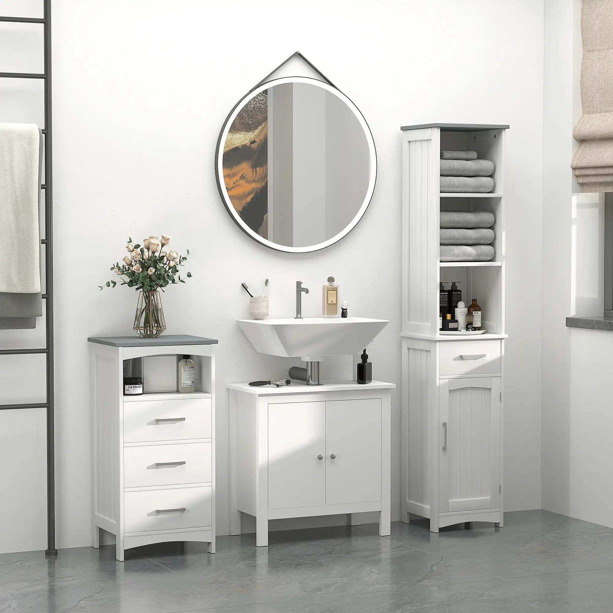 Tall Bathroom Storage Cabinet, 3 Tier Shelf with Drawer, White - Image 9