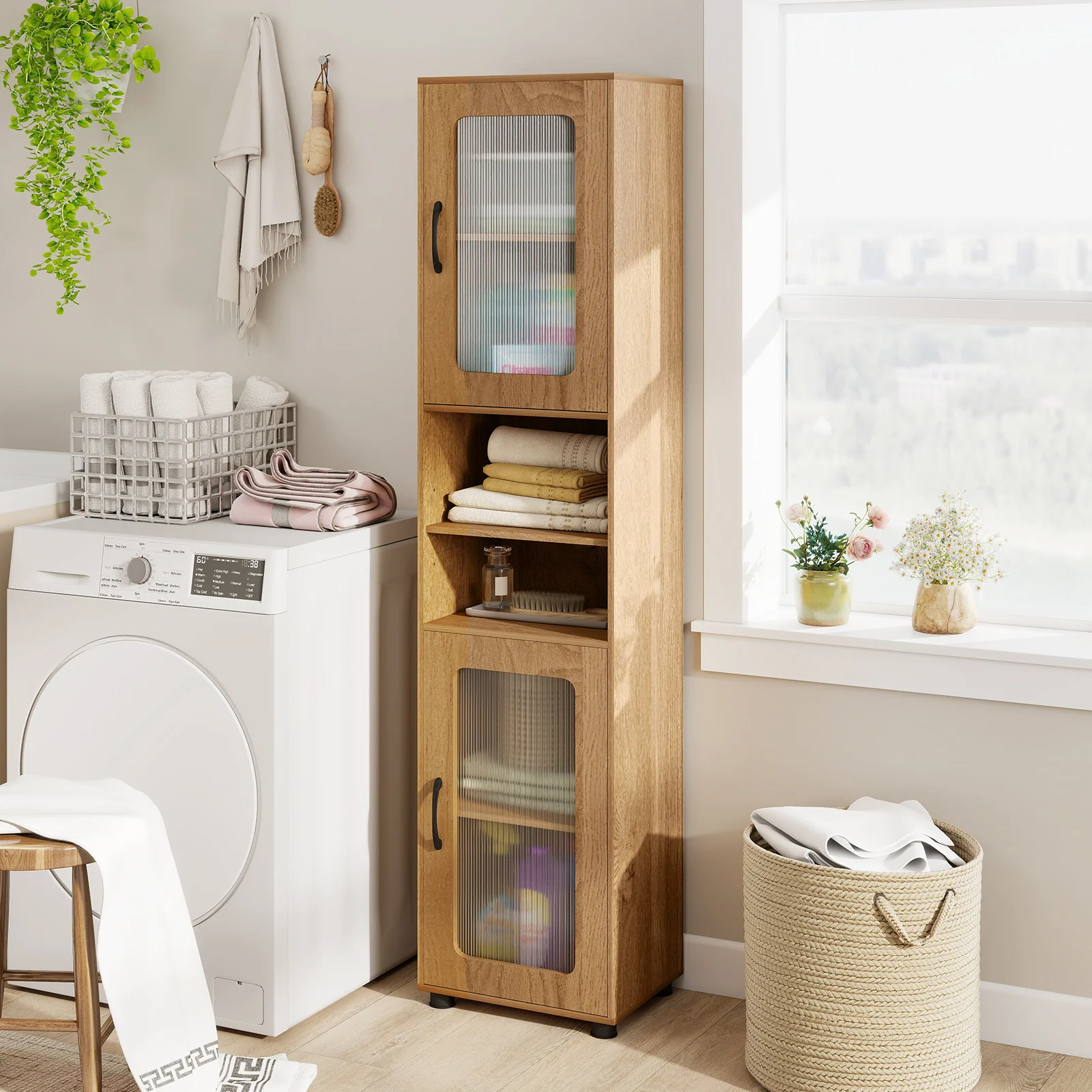 Tall Bathroom Storage Cabinet 67 In, Freestanding Organizer, Natural - Image 3