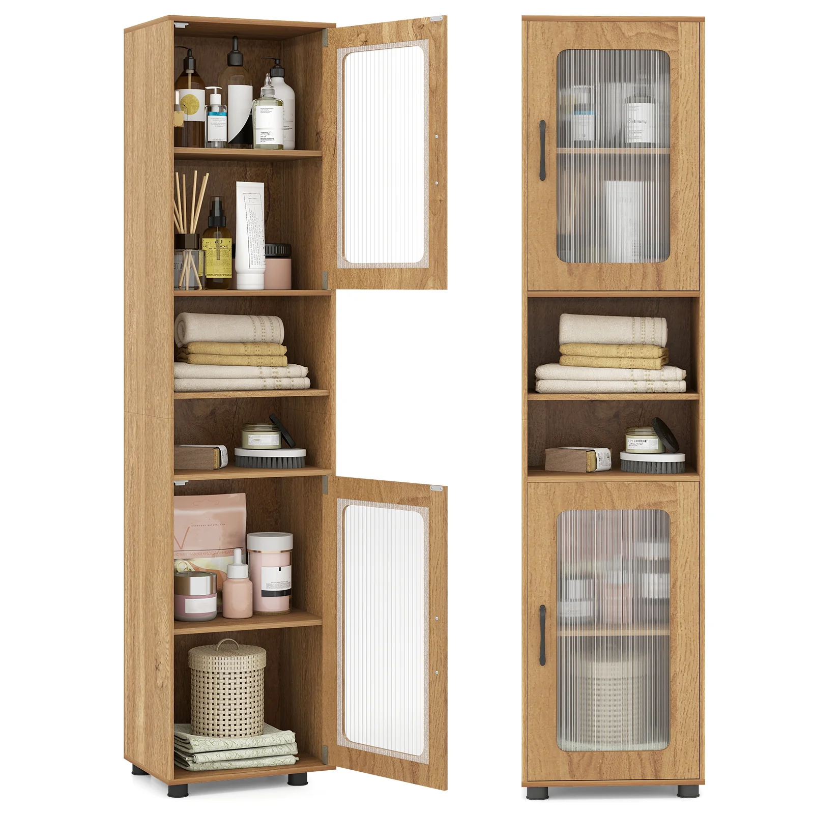 Tall Bathroom Storage Cabinet 67 In, Freestanding Organizer, Natural - Image 4