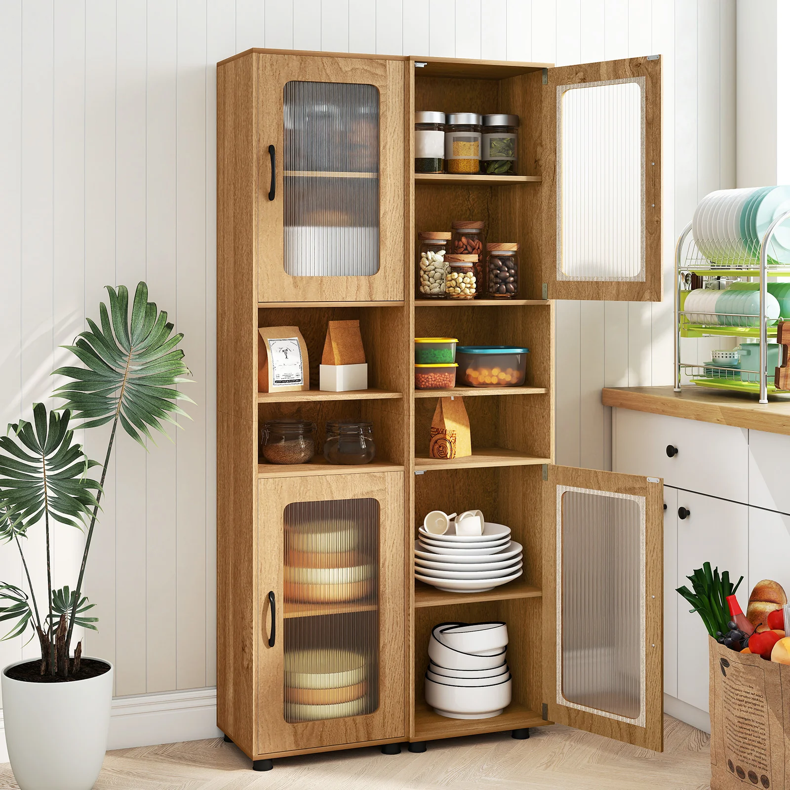 Tall Bathroom Storage Cabinet 67 In, Freestanding Organizer, Natural - Image 8