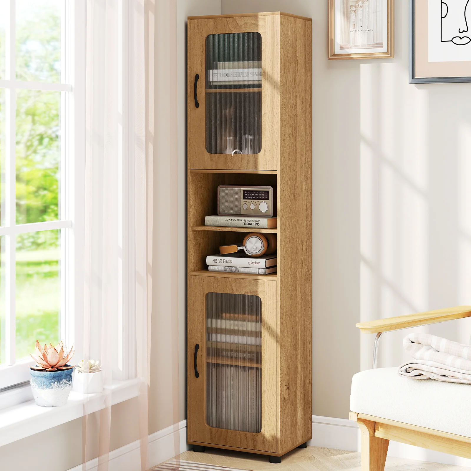 Tall Bathroom Storage Cabinet 67 In, Freestanding Organizer, Natural - Image 9