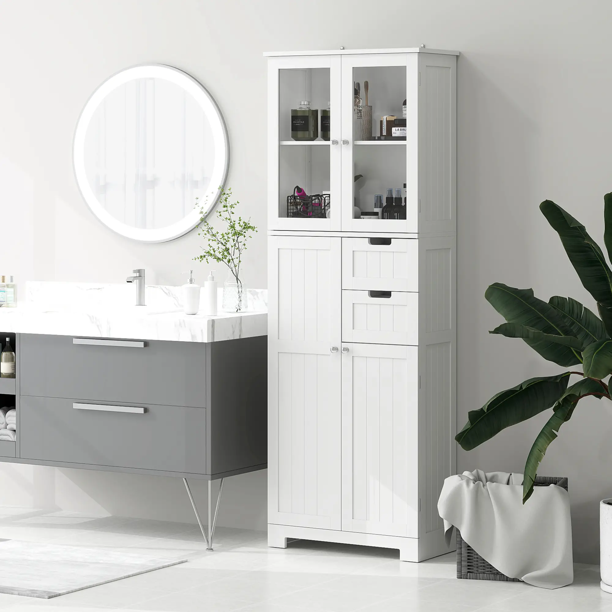Tall Bathroom Storage Cabinet, Adjustable Shelves, White - Image 9