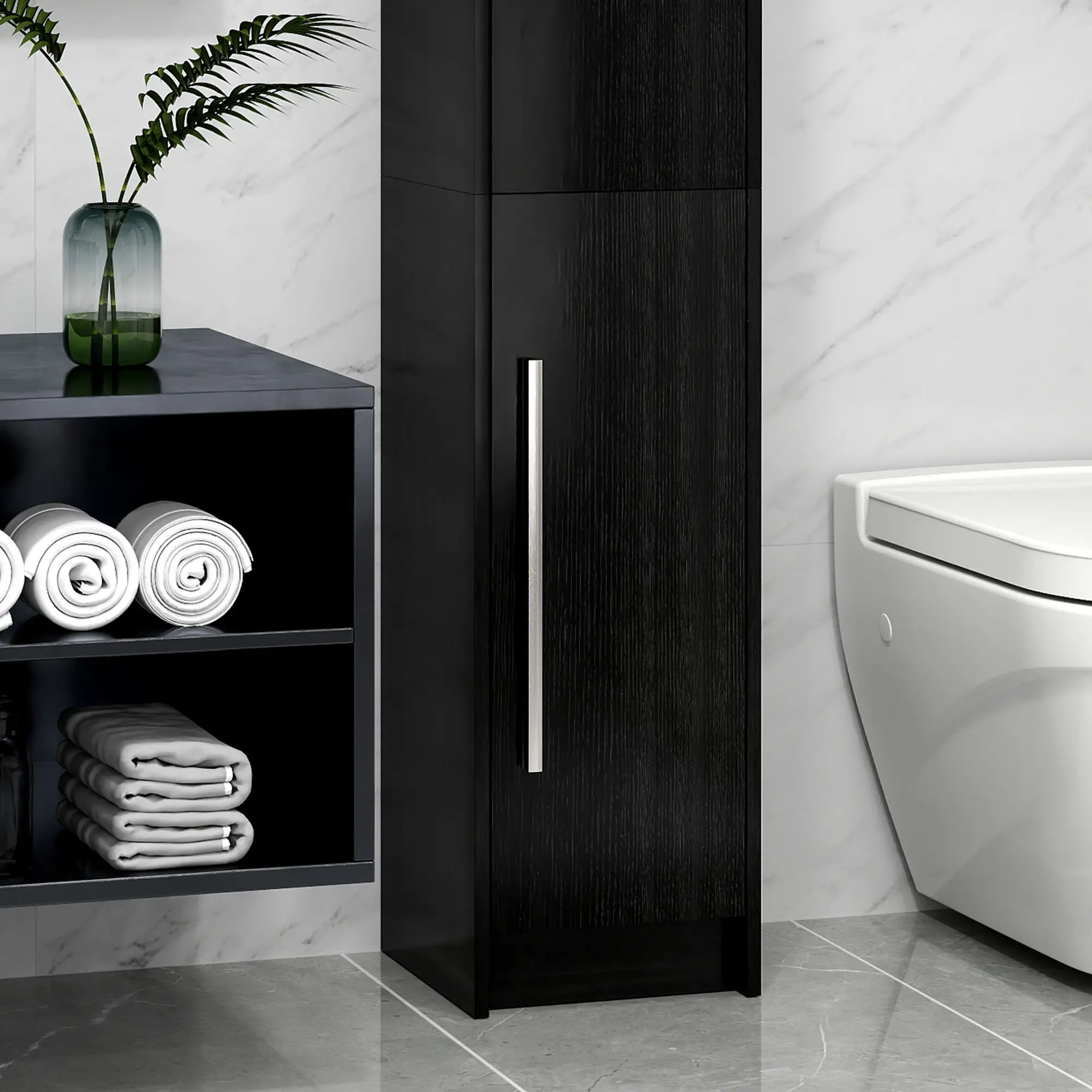 Tall Bathroom Storage Cabinet, Adjustable Shelves, Wood Grain, Black - Image 10