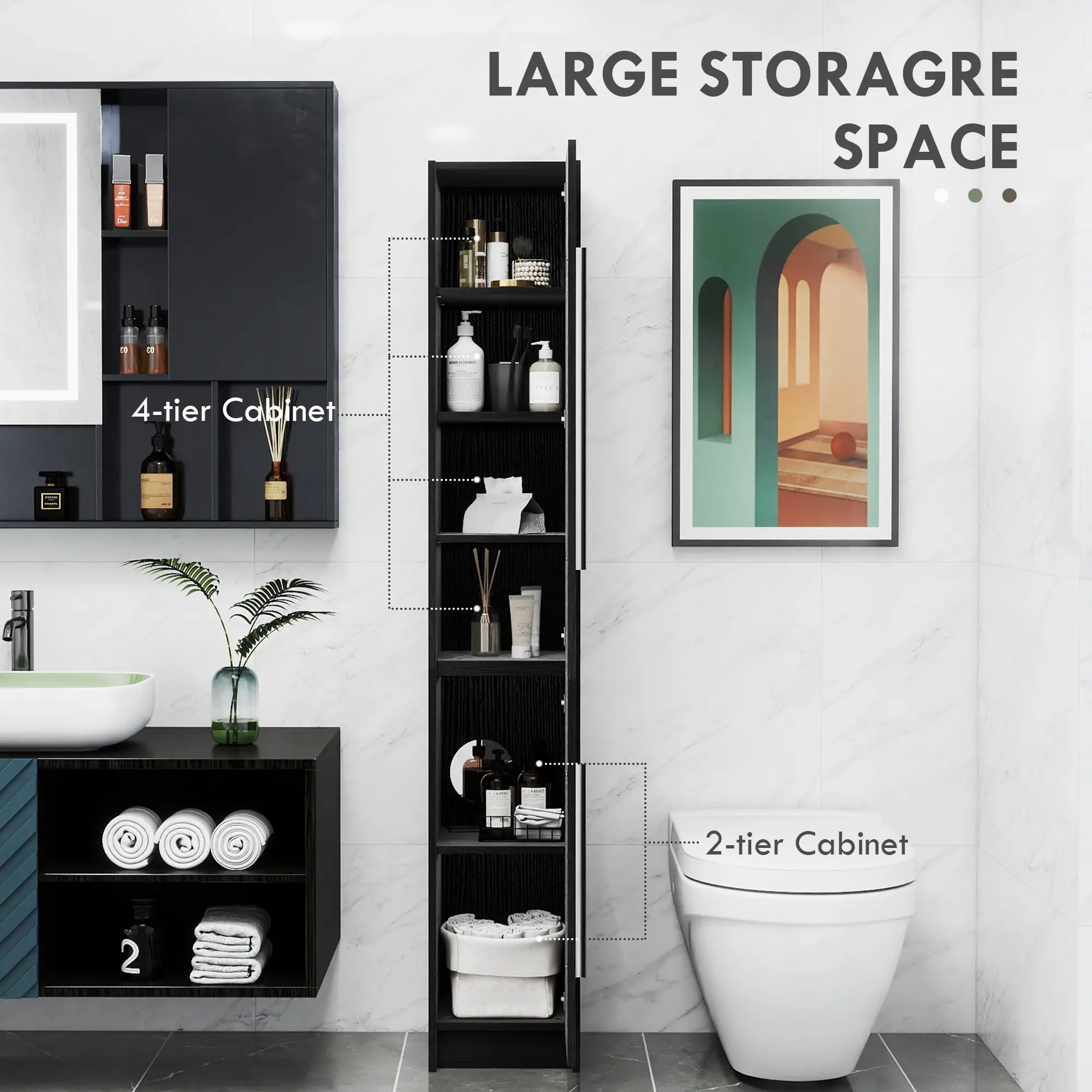 Tall Bathroom Storage Cabinet, Adjustable Shelves, Wood Grain, Black - Image 4