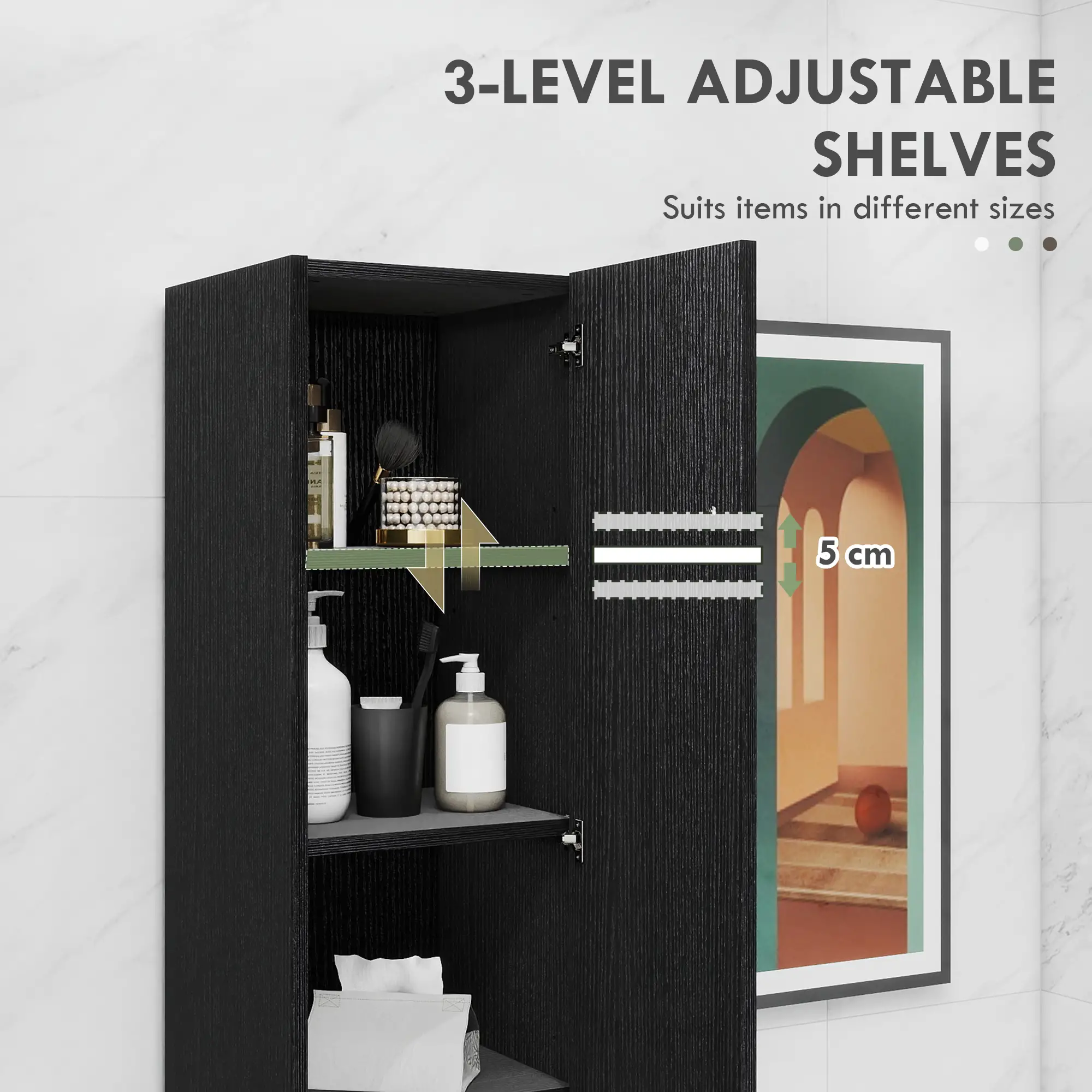 Tall Bathroom Storage Cabinet, Adjustable Shelves, Wood Grain, Black - Image 5
