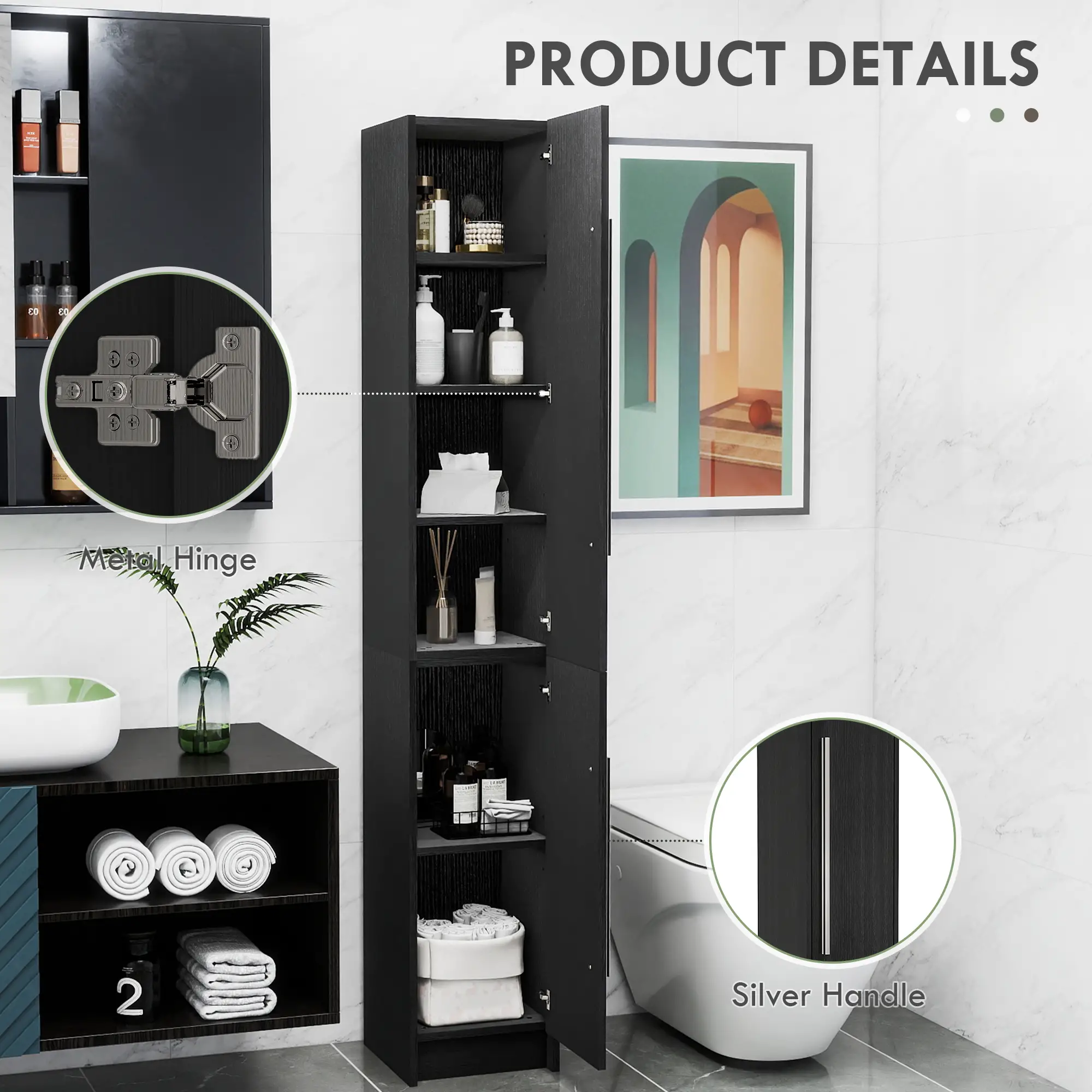 Tall Bathroom Storage Cabinet, Adjustable Shelves, Wood Grain, Black - Image 7