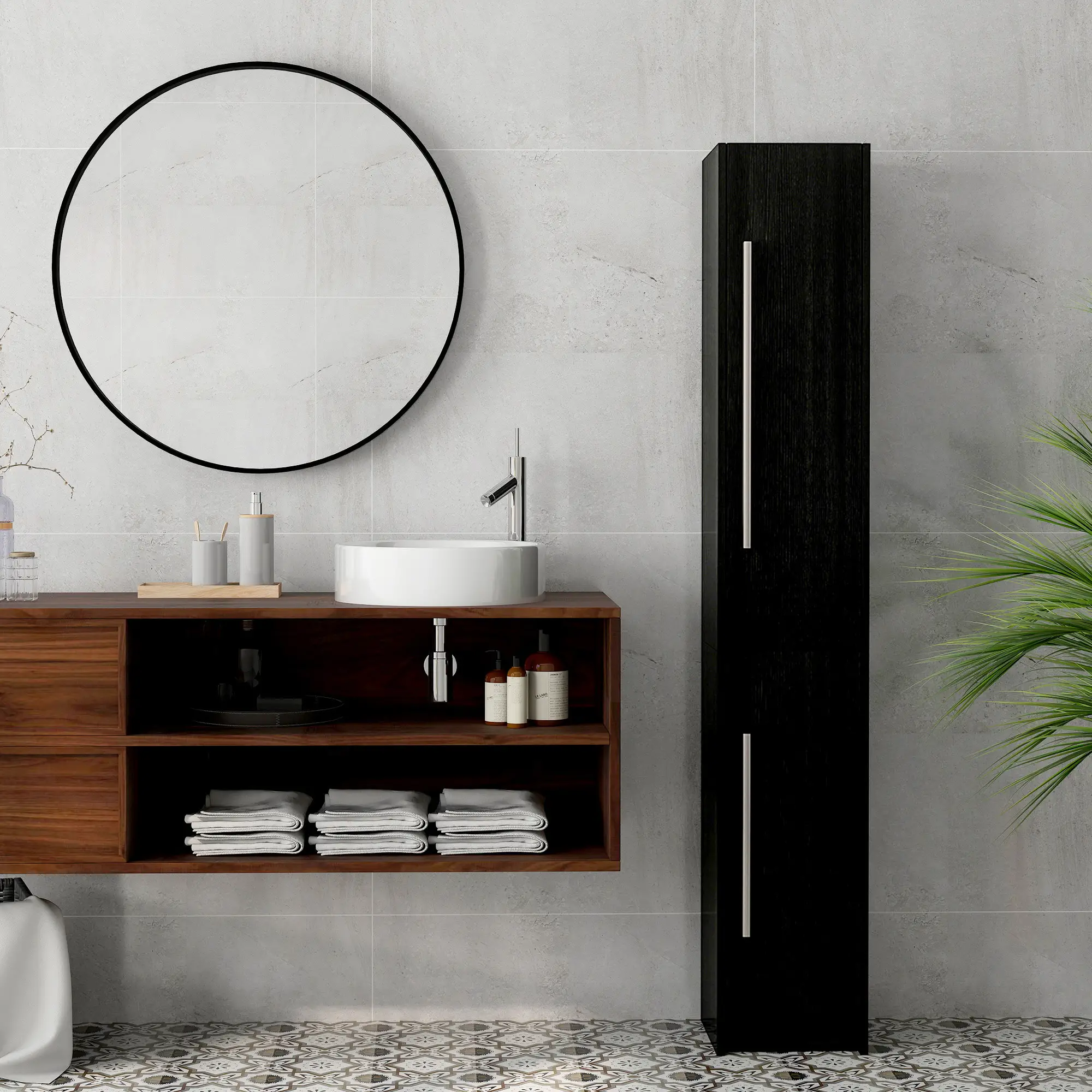 Tall Bathroom Storage Cabinet, Adjustable Shelves, Wood Grain, Black - Image 9