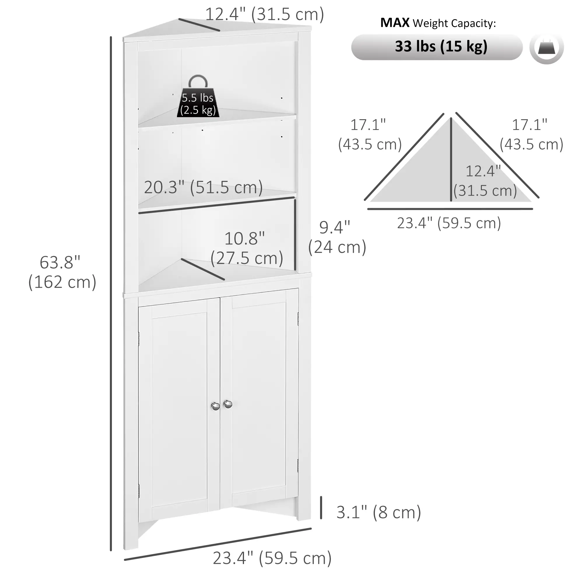Tall Bathroom Storage Cabinet, Corner Cabinet with Doors, White - Image 3