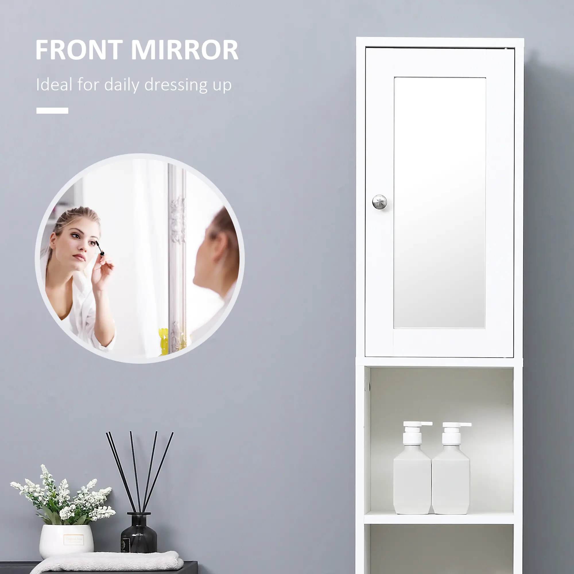Tall Bathroom Storage Cabinet with Mirror, Adjustable Shelves, White - Image 7