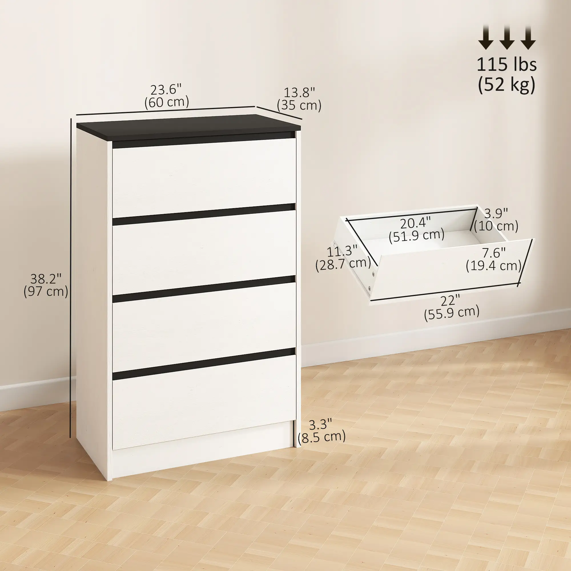 Tall Chest of Drawers, 4 Drawer Dresser, White Wood Effect, White - Image 3