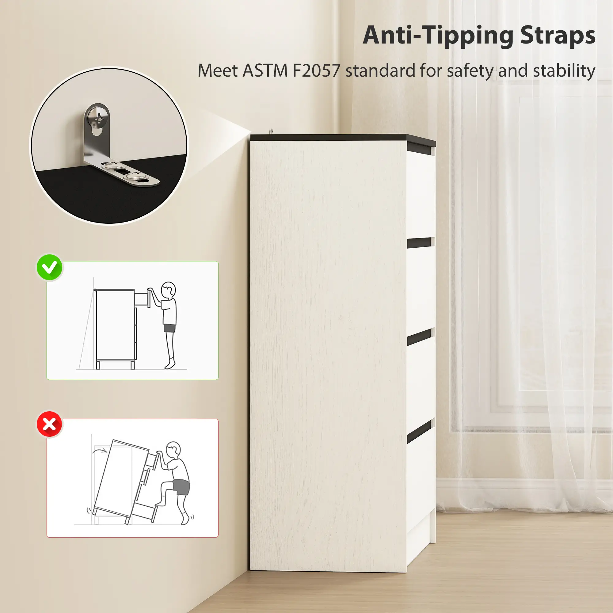 Tall Chest of Drawers, 4 Drawer Dresser, White Wood Effect, White - Image 5