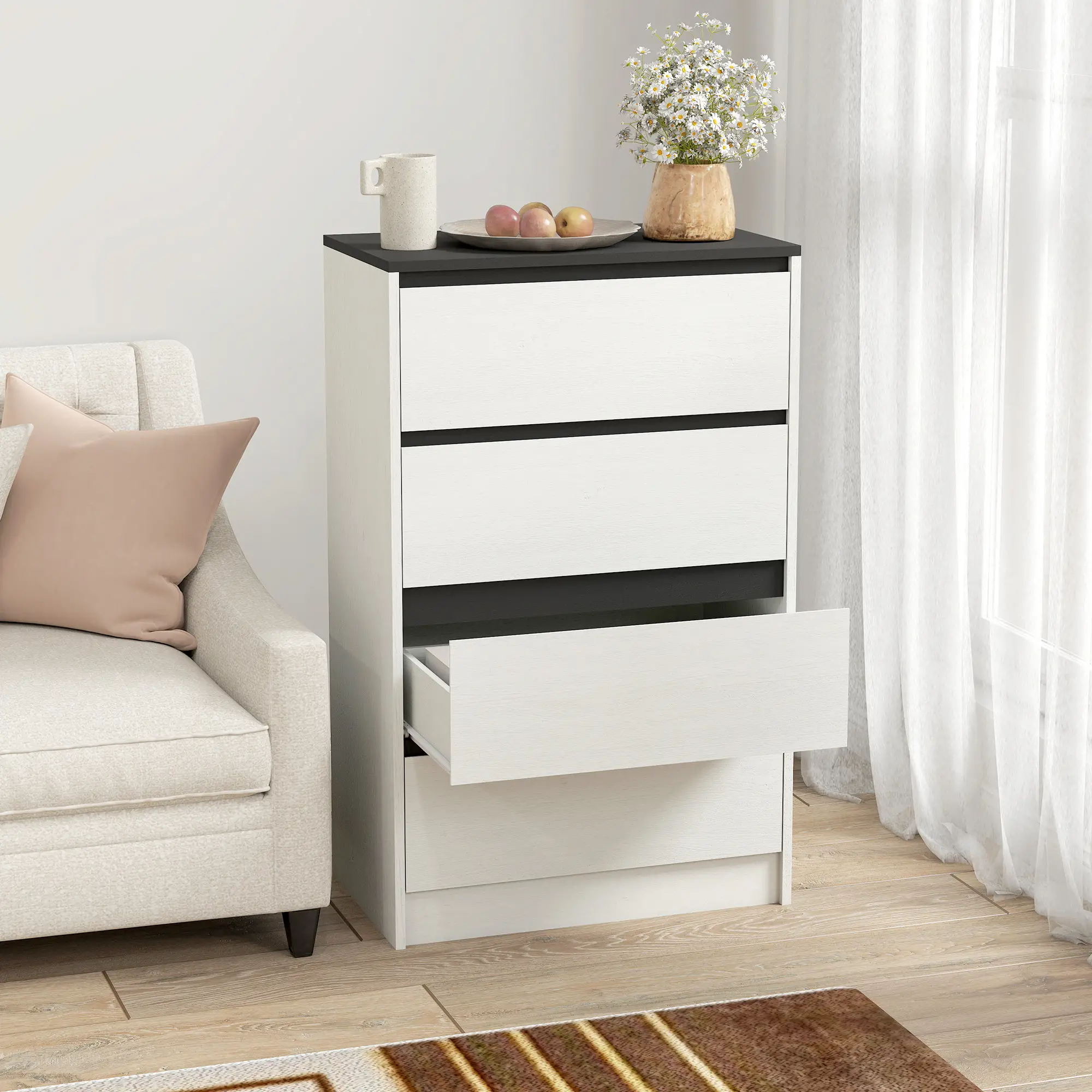 Tall Chest of Drawers, 4 Drawer Dresser, White Wood Effect, White - Image 7