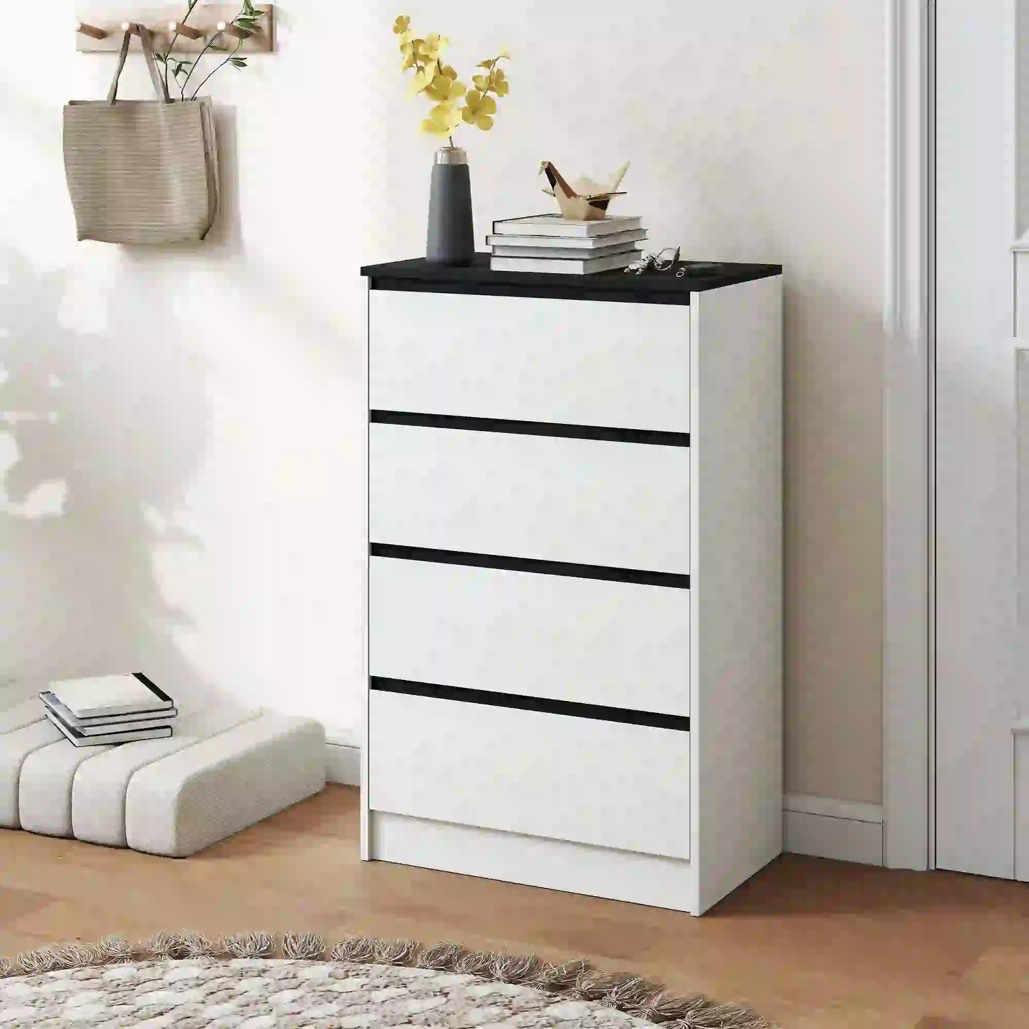 Tall Chest of Drawers, 4 Drawer Dresser, White Wood Effect, White - Image 8