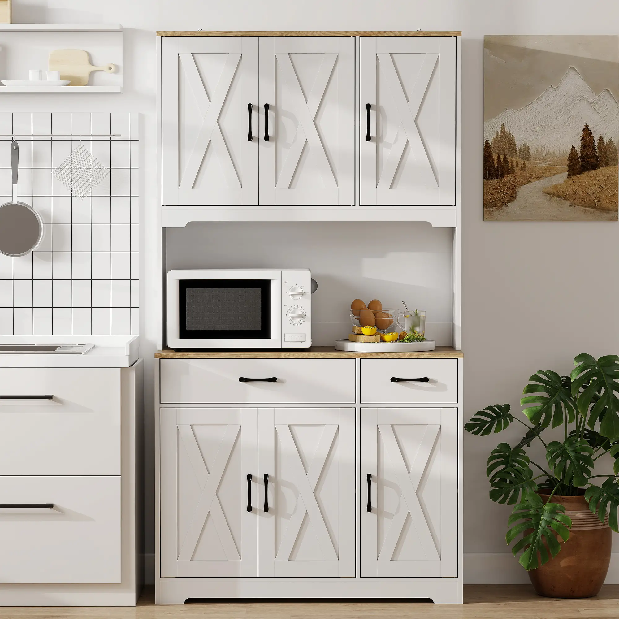 Tall Kitchen Pantry, 6 Doors, 2 Drawers, Adjustable Shelves, White - Image 7