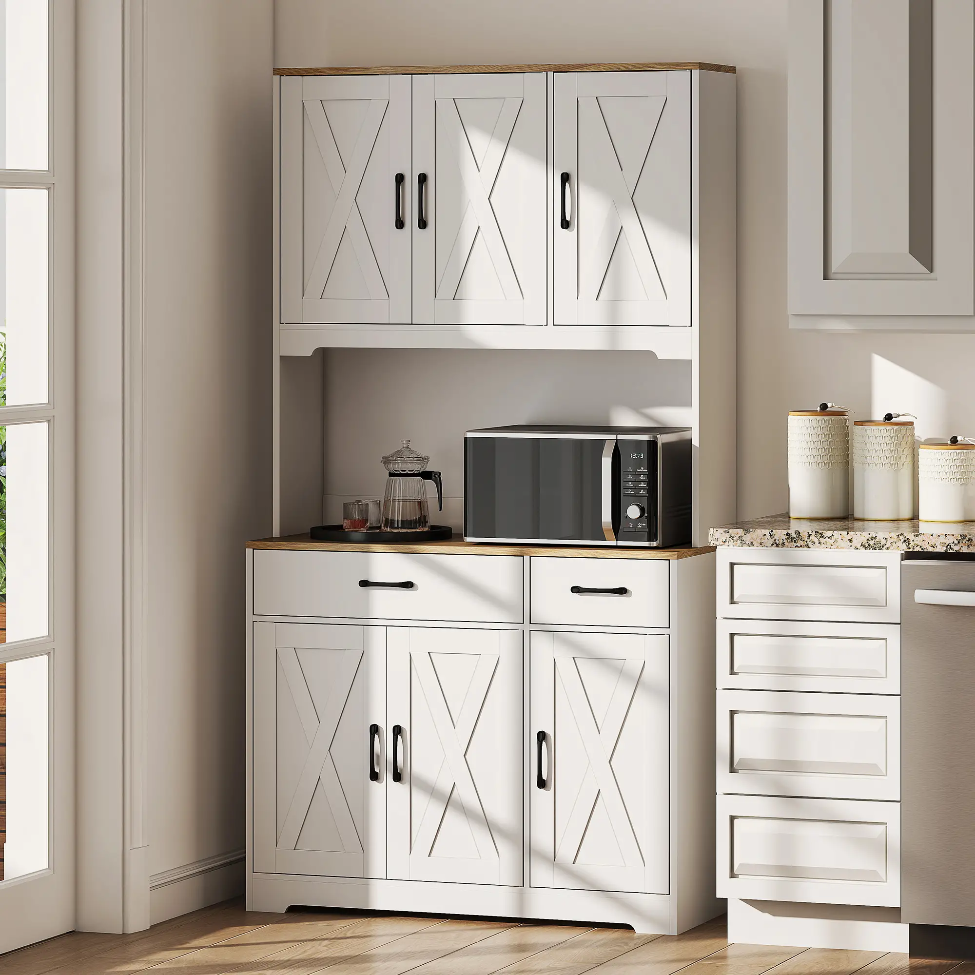 Tall Kitchen Pantry, 6 Doors, 2 Drawers, Adjustable Shelves, White - Image 8