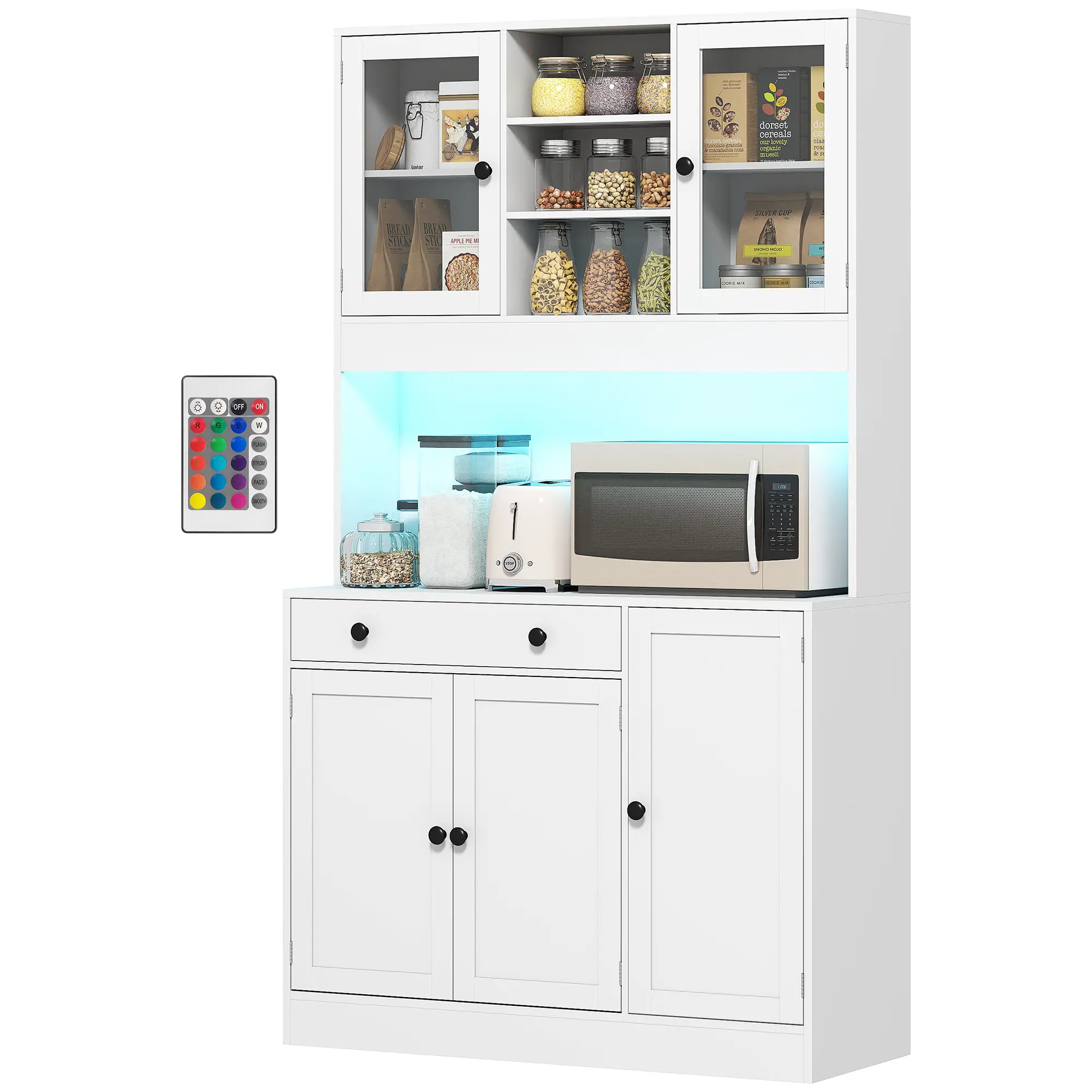 Tall Kitchen Pantry with LED Light, Freestanding Cabinet, White