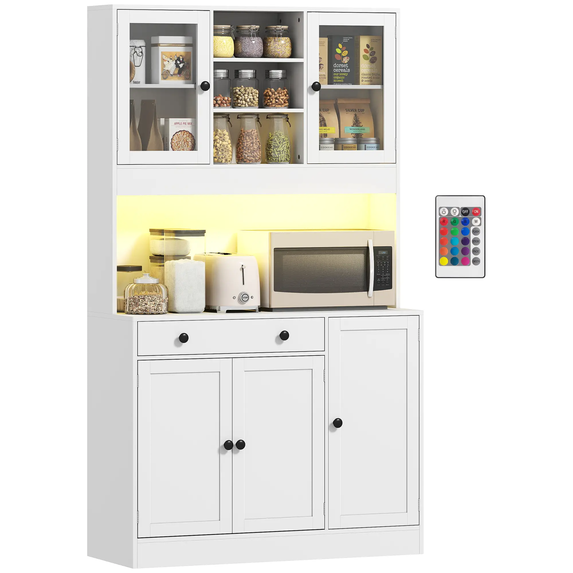 Tall Kitchen Pantry with LED Light, Freestanding Cabinet, White - Image 11