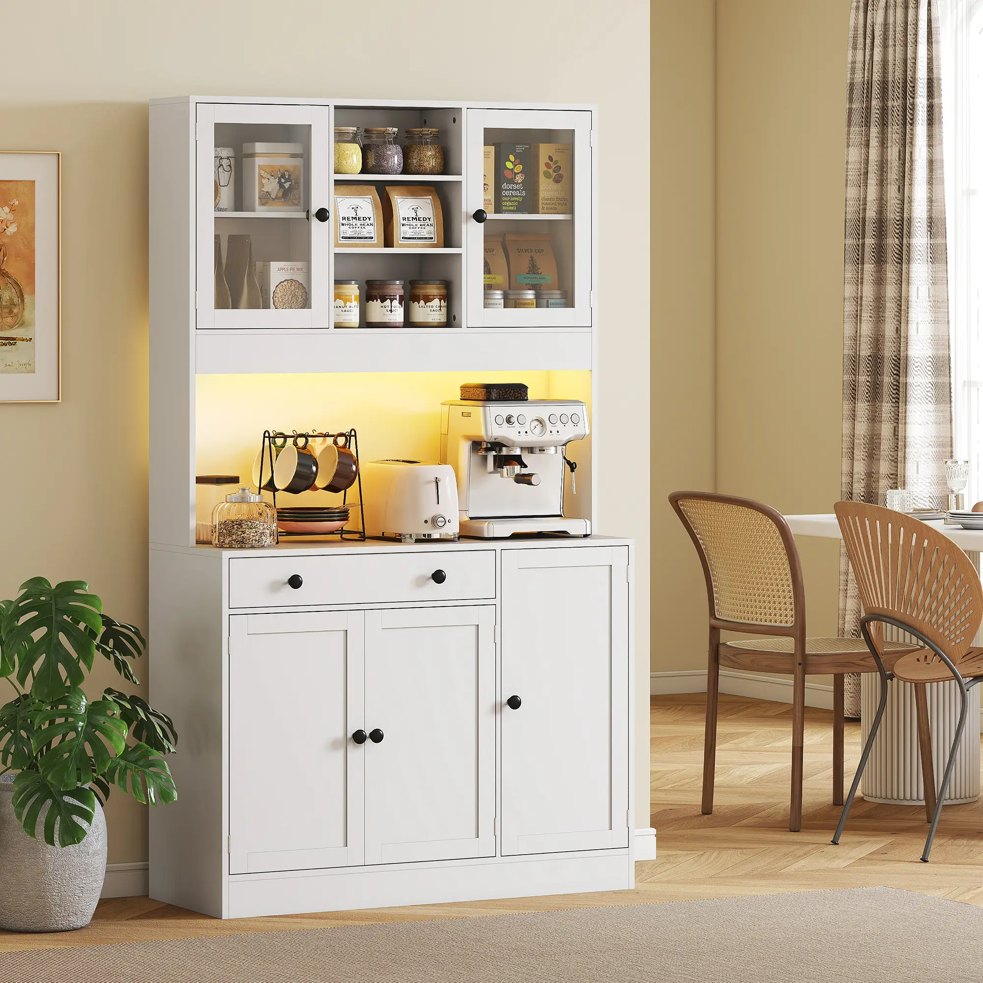 Tall Kitchen Pantry with LED Light, Freestanding Cabinet, White - Image 2