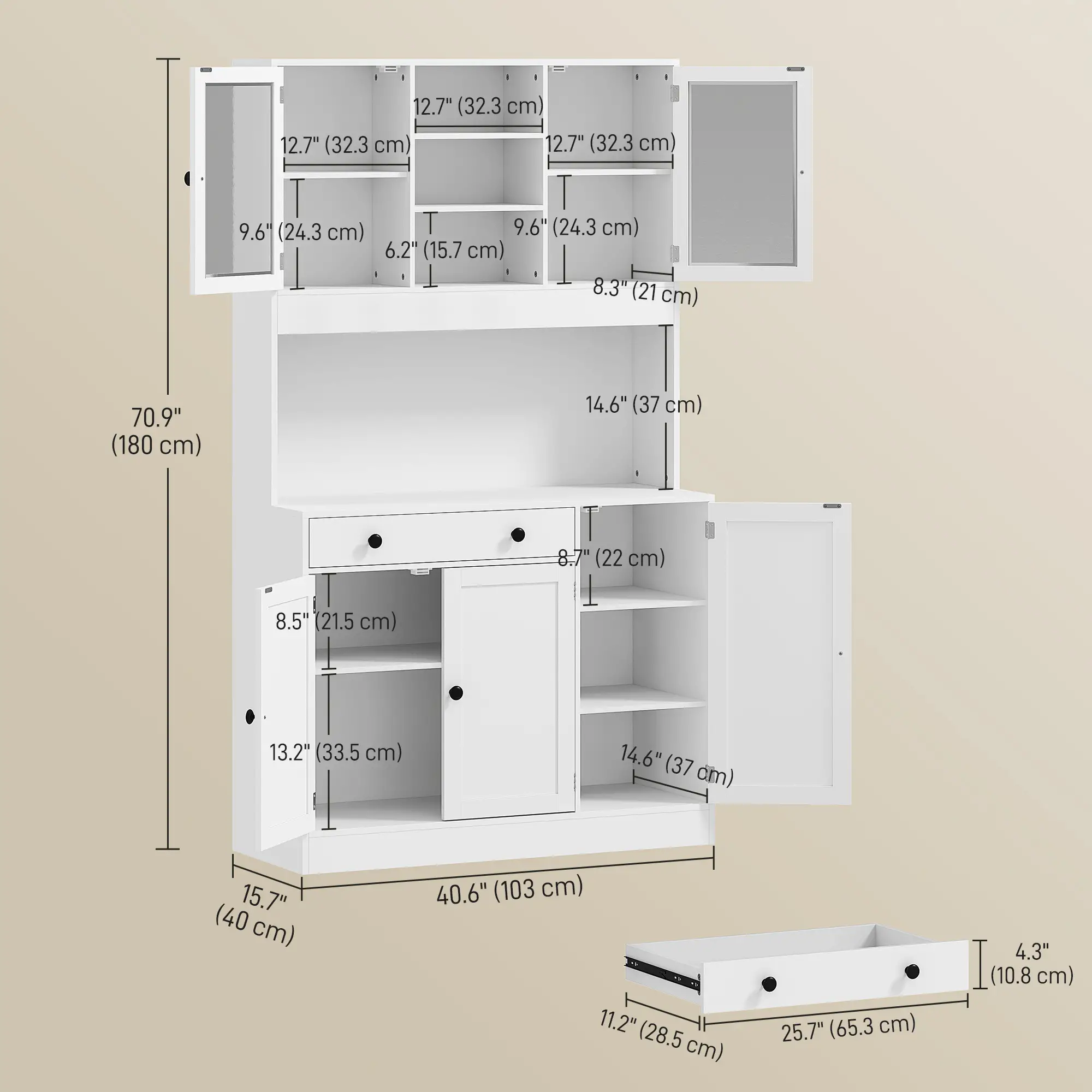 Tall Kitchen Pantry with LED Light, Freestanding Cabinet, White - Image 3