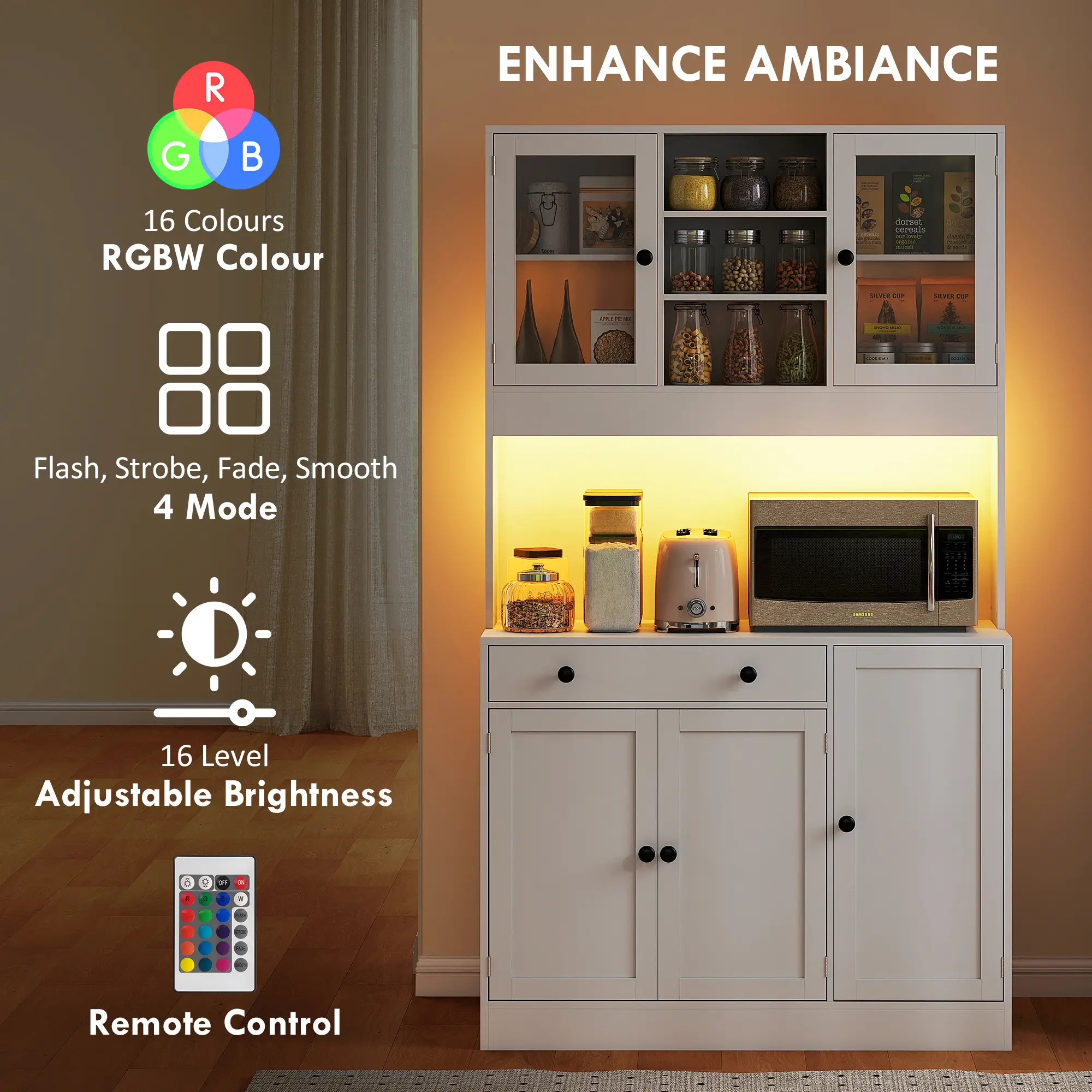 Tall Kitchen Pantry with LED Light, Freestanding Cabinet, White - Image 4