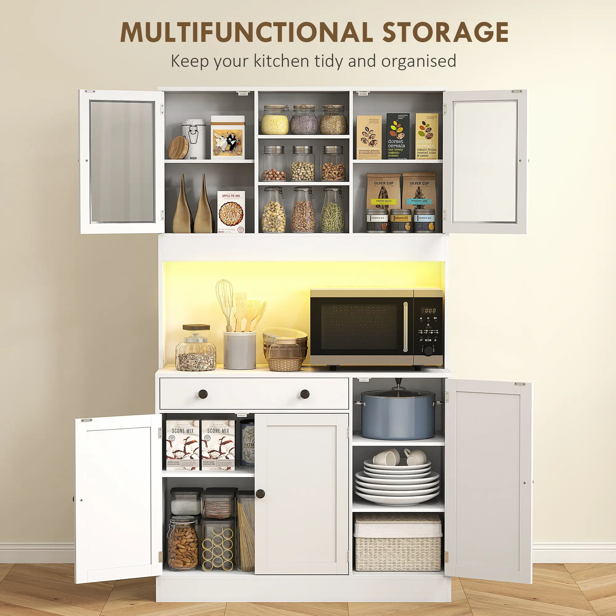 Tall Kitchen Pantry with LED Light, Freestanding Cabinet, White - Image 5