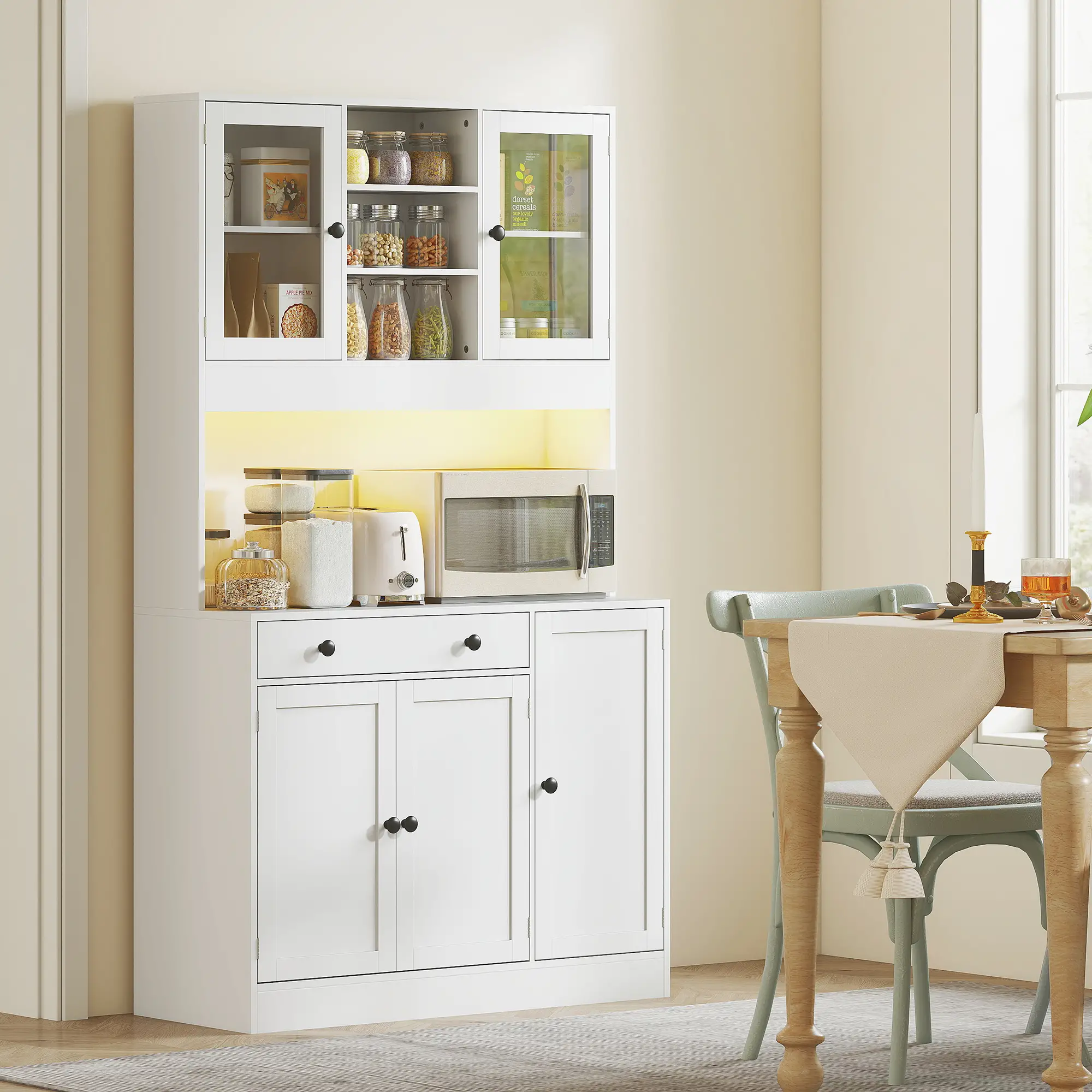 Tall Kitchen Pantry with LED Light, Freestanding Cabinet, White - Image 8