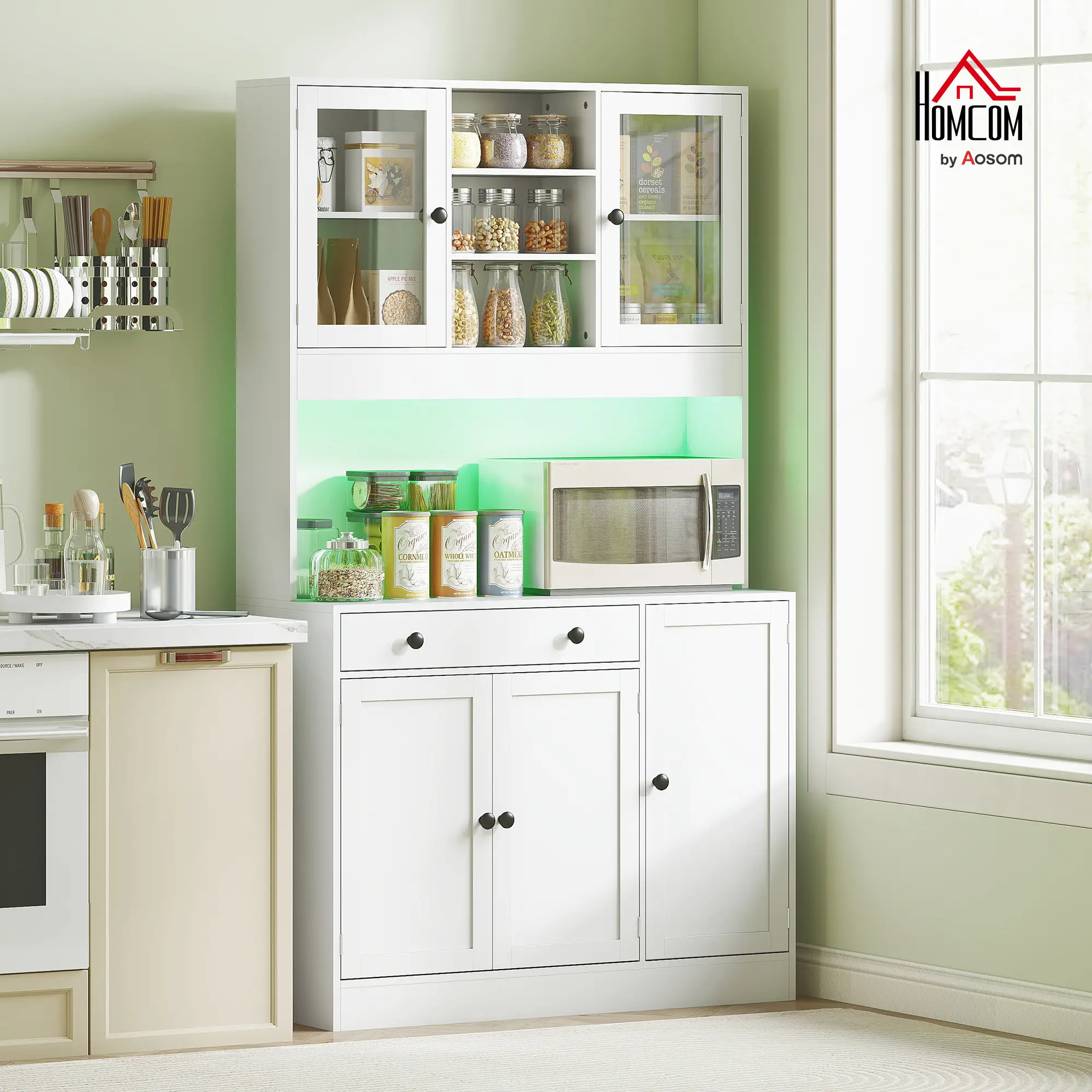 Tall Kitchen Pantry with LED Light, Freestanding Cabinet, White - Image 9