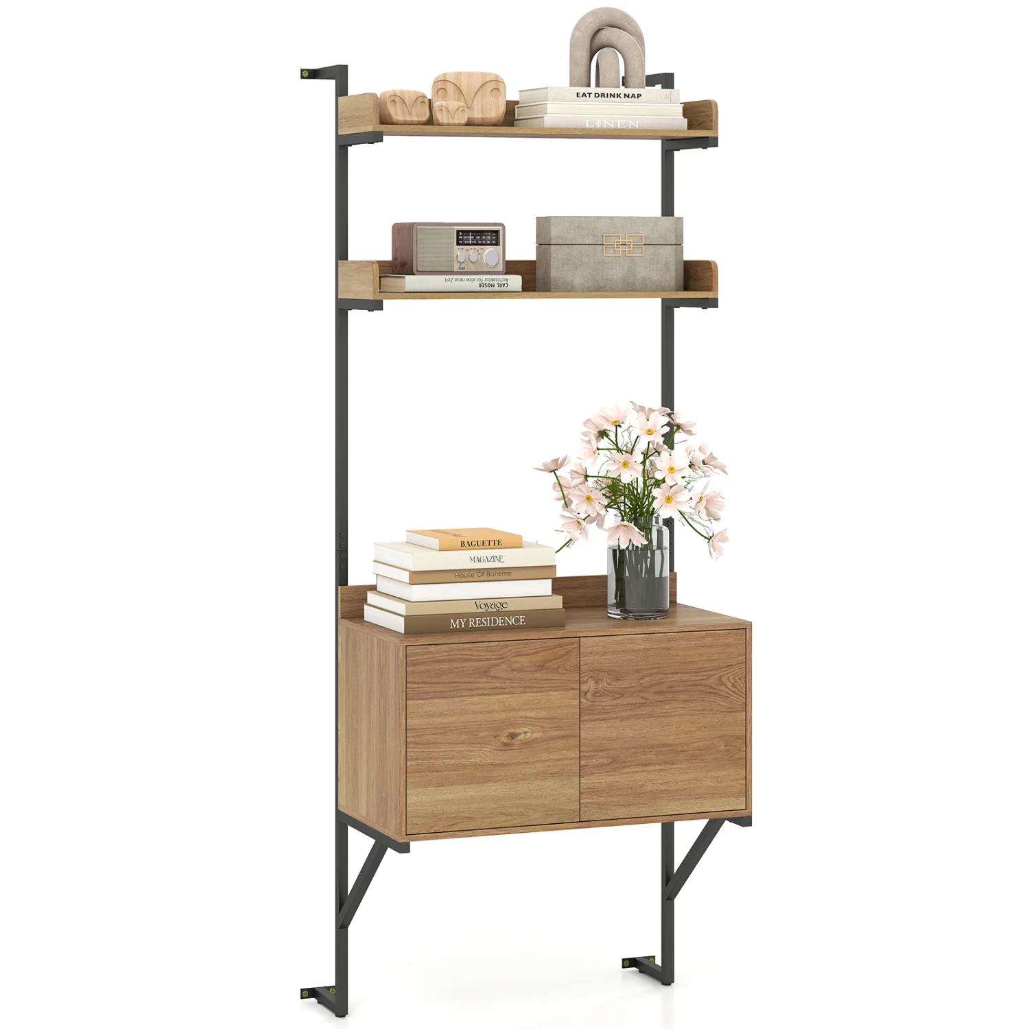 Tall Ladder Shelf With Storage Cabinet, Natural