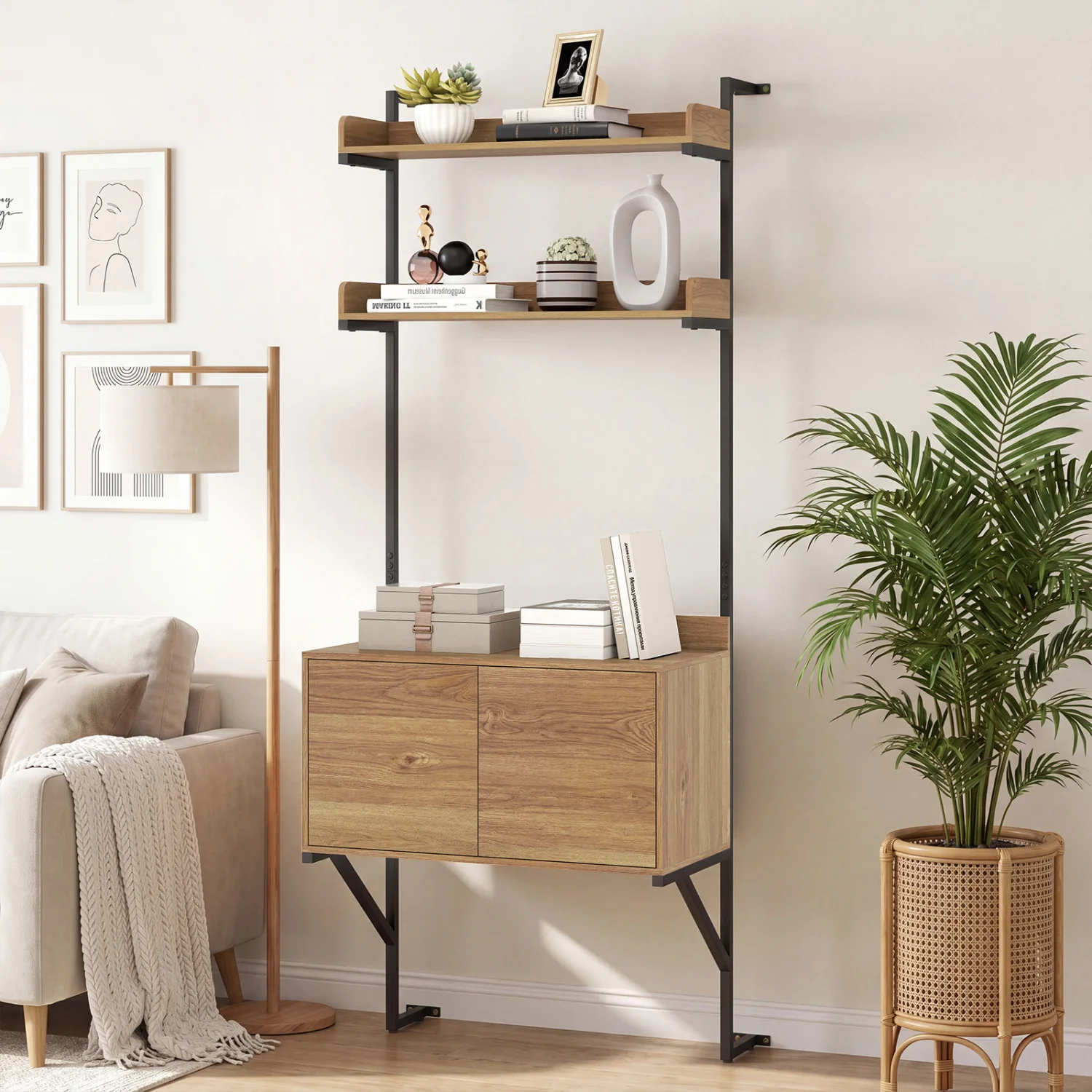 Tall Ladder Shelf With Storage Cabinet, Natural - Image 2