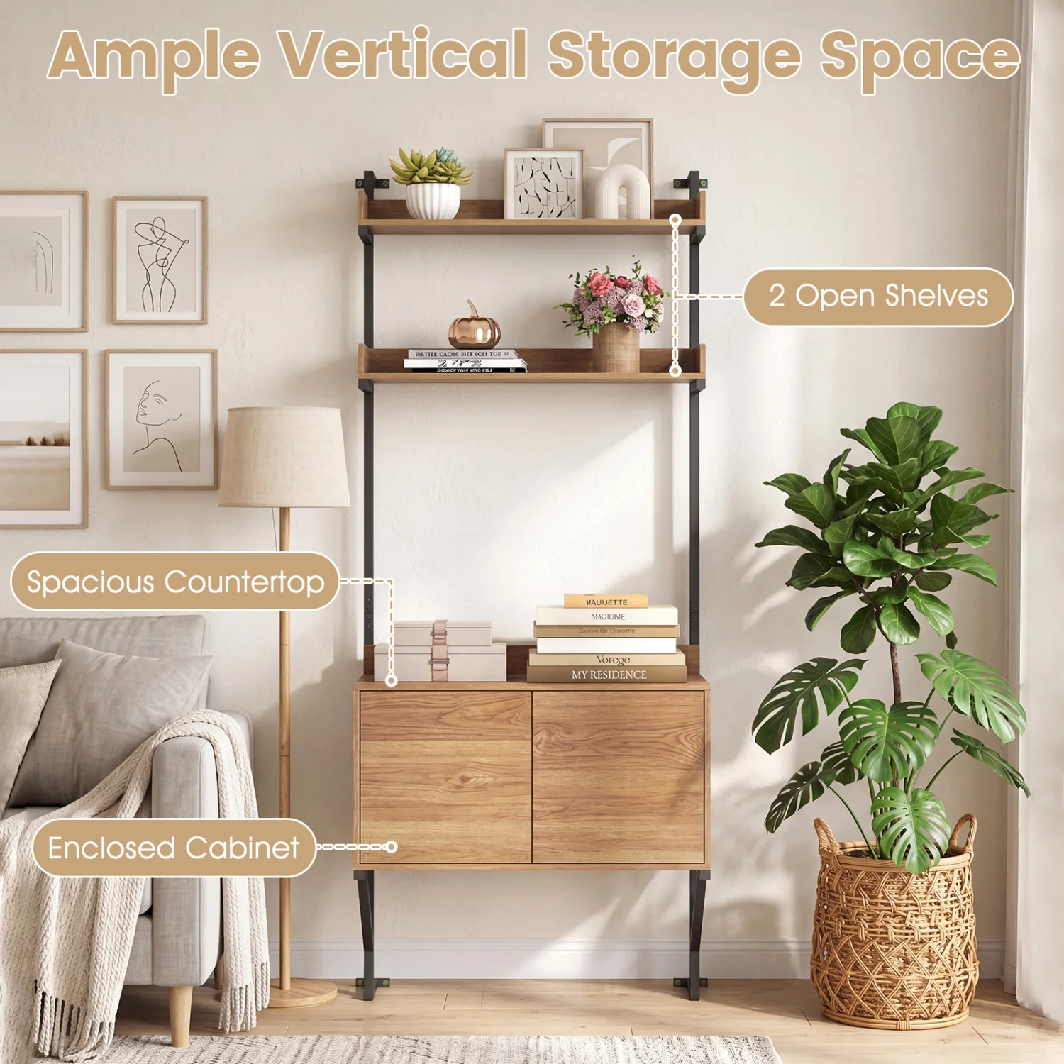 Tall Ladder Shelf With Storage Cabinet, Natural - Image 7