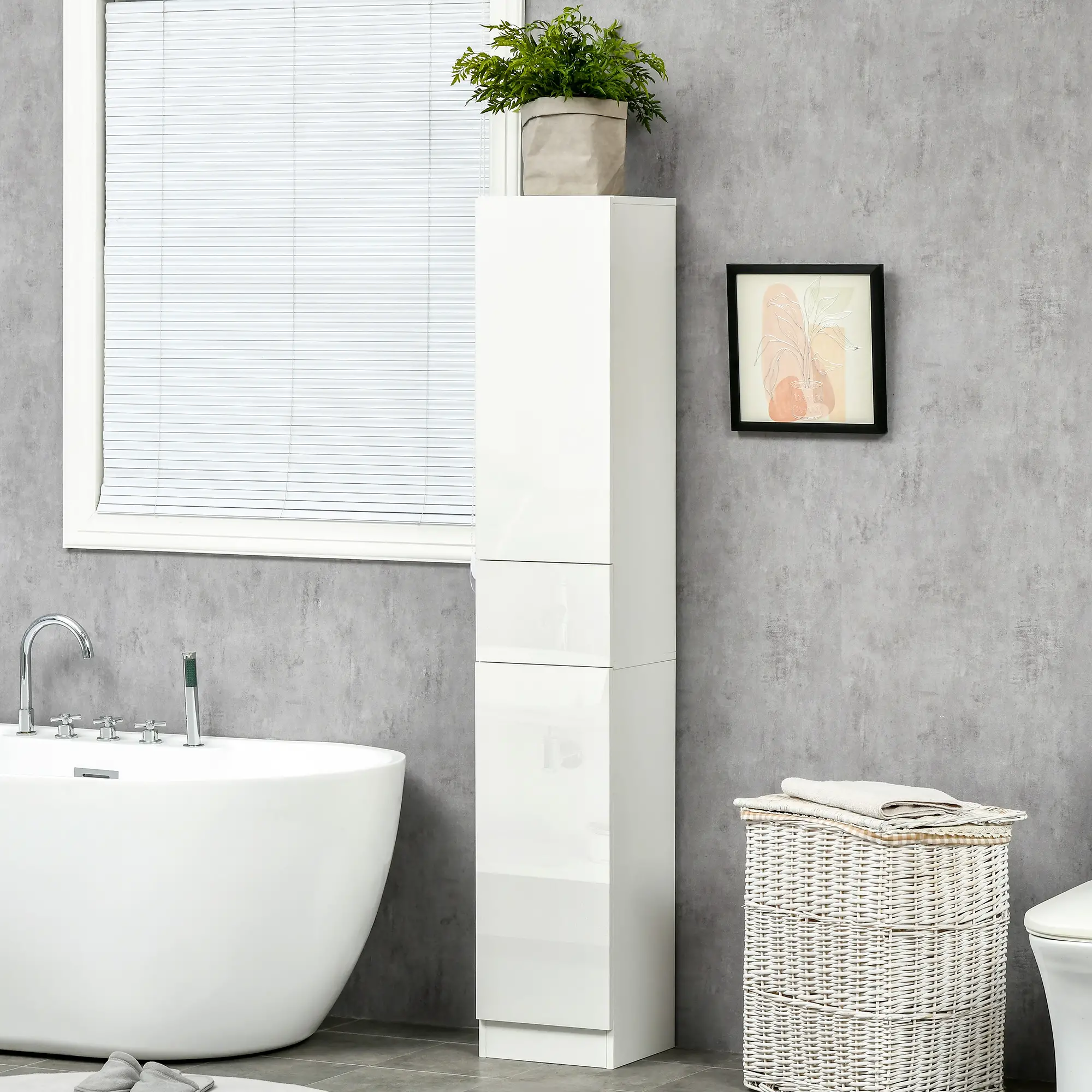 Tall Narrow Bathroom Cabinet with Doors, Drawer, Adjustable Shelves, High Gloss, White - Image 2