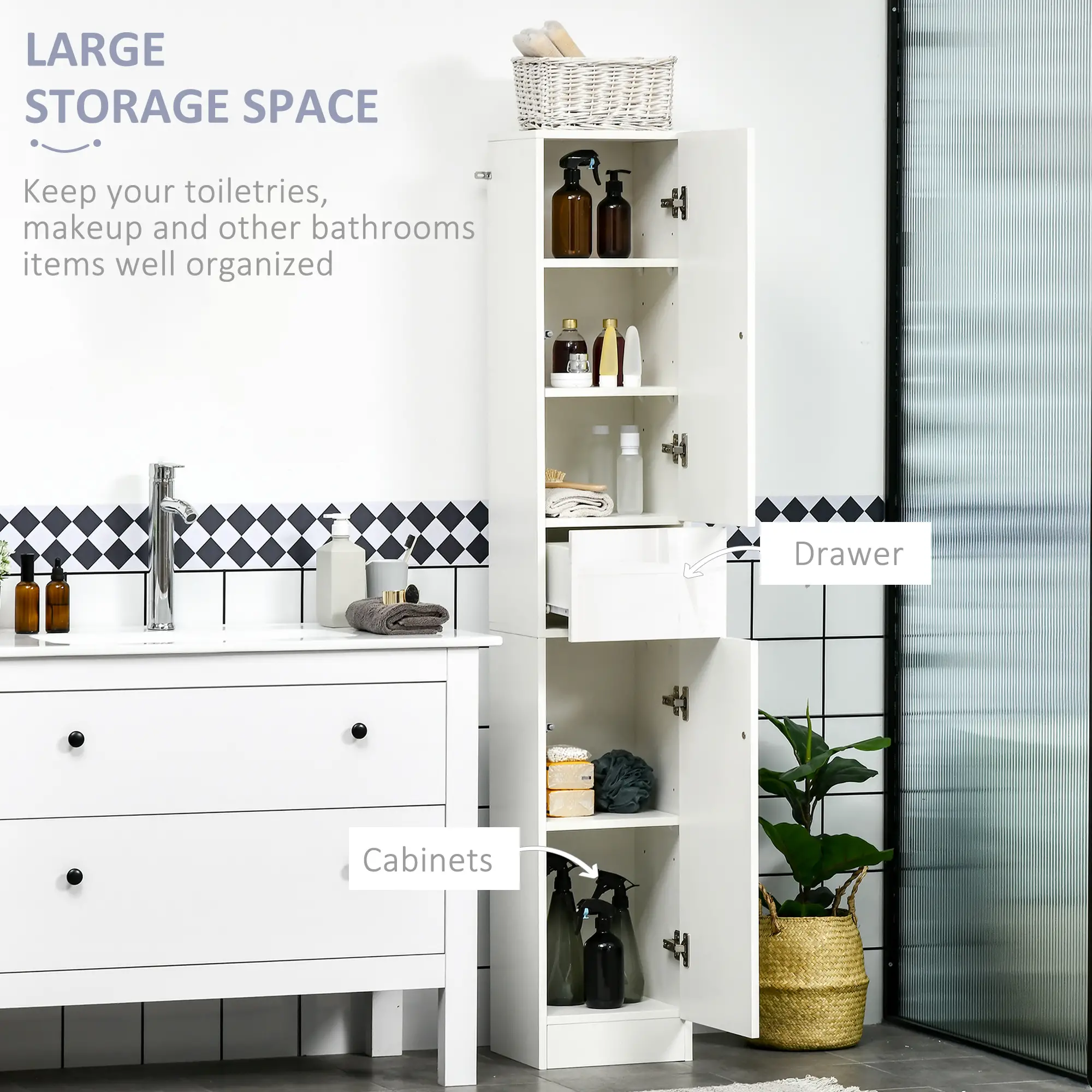 Tall Narrow Bathroom Cabinet with Doors, Drawer, Adjustable Shelves, High Gloss, White - Image 4