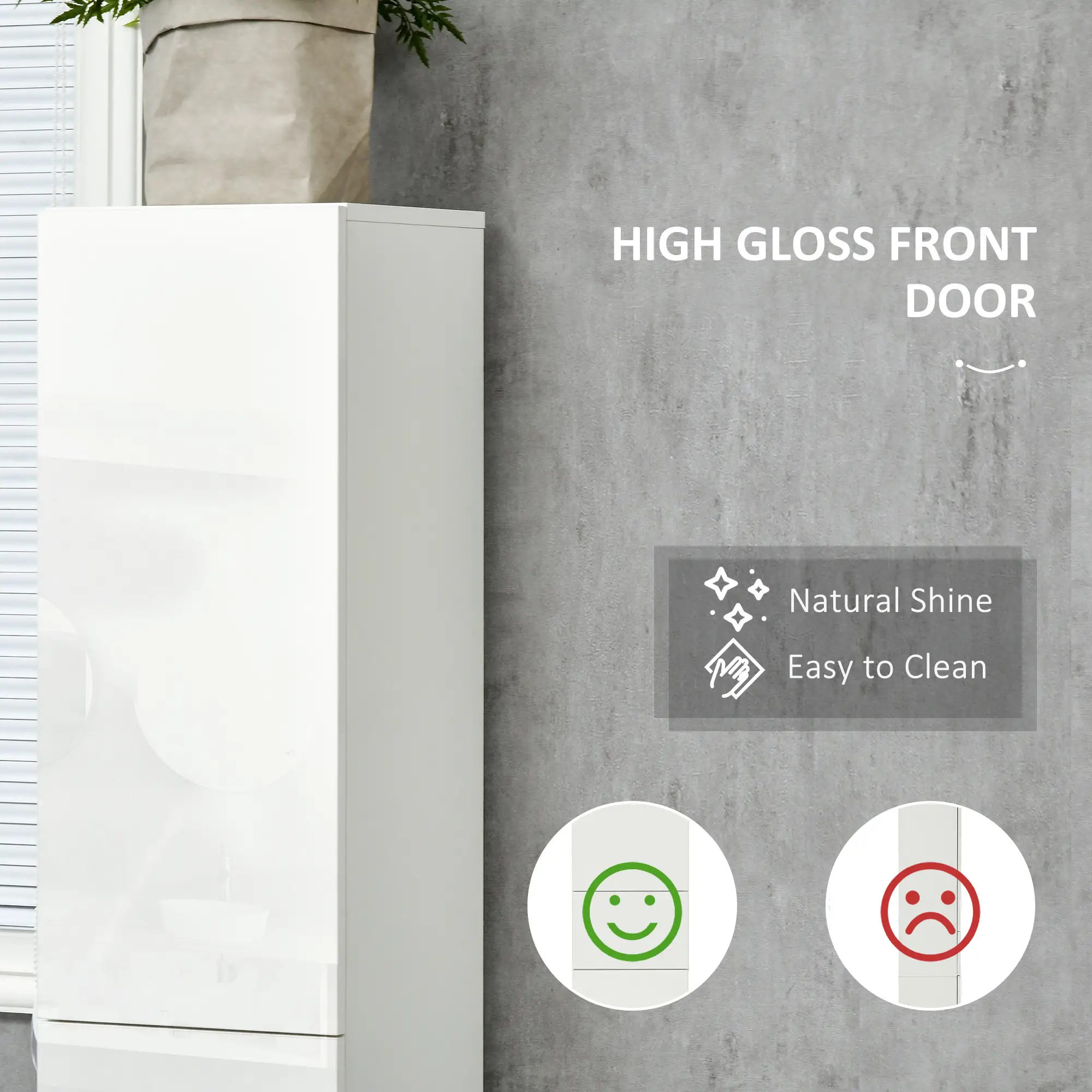Tall Narrow Bathroom Cabinet with Doors, Drawer, Adjustable Shelves, High Gloss, White - Image 5