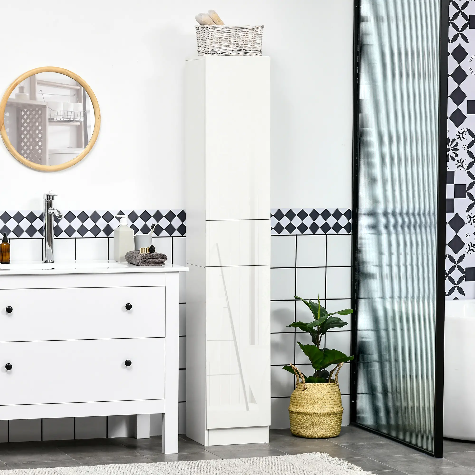 Tall Narrow Bathroom Cabinet with Doors, Drawer, Adjustable Shelves, High Gloss, White - Image 8
