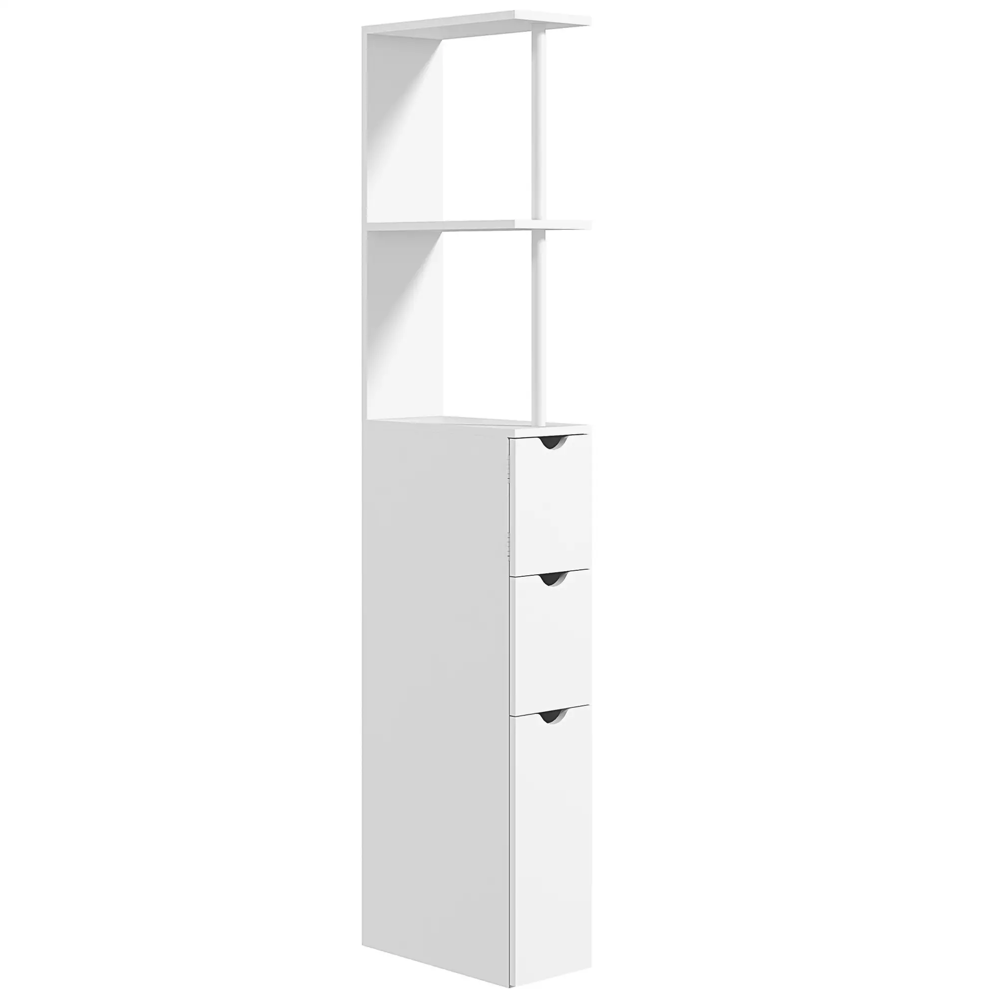 Tall Narrow Bathroom Storage Cabinet, Drawers and Open Shelves, White
