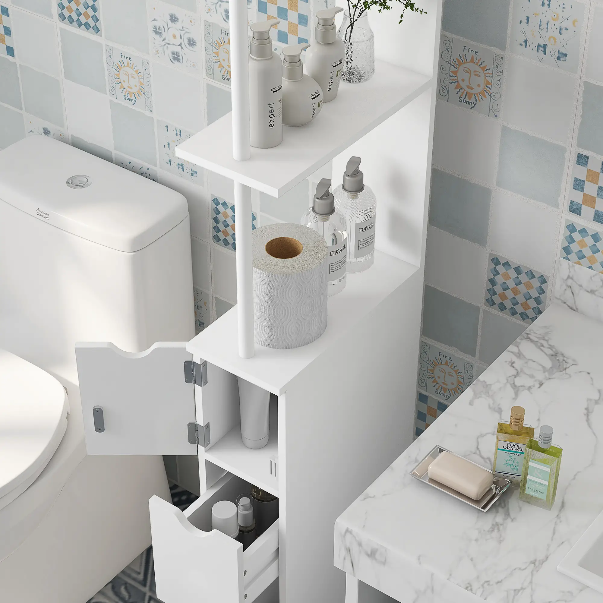 Tall Narrow Bathroom Storage Cabinet, Drawers and Open Shelves, White - Image 10