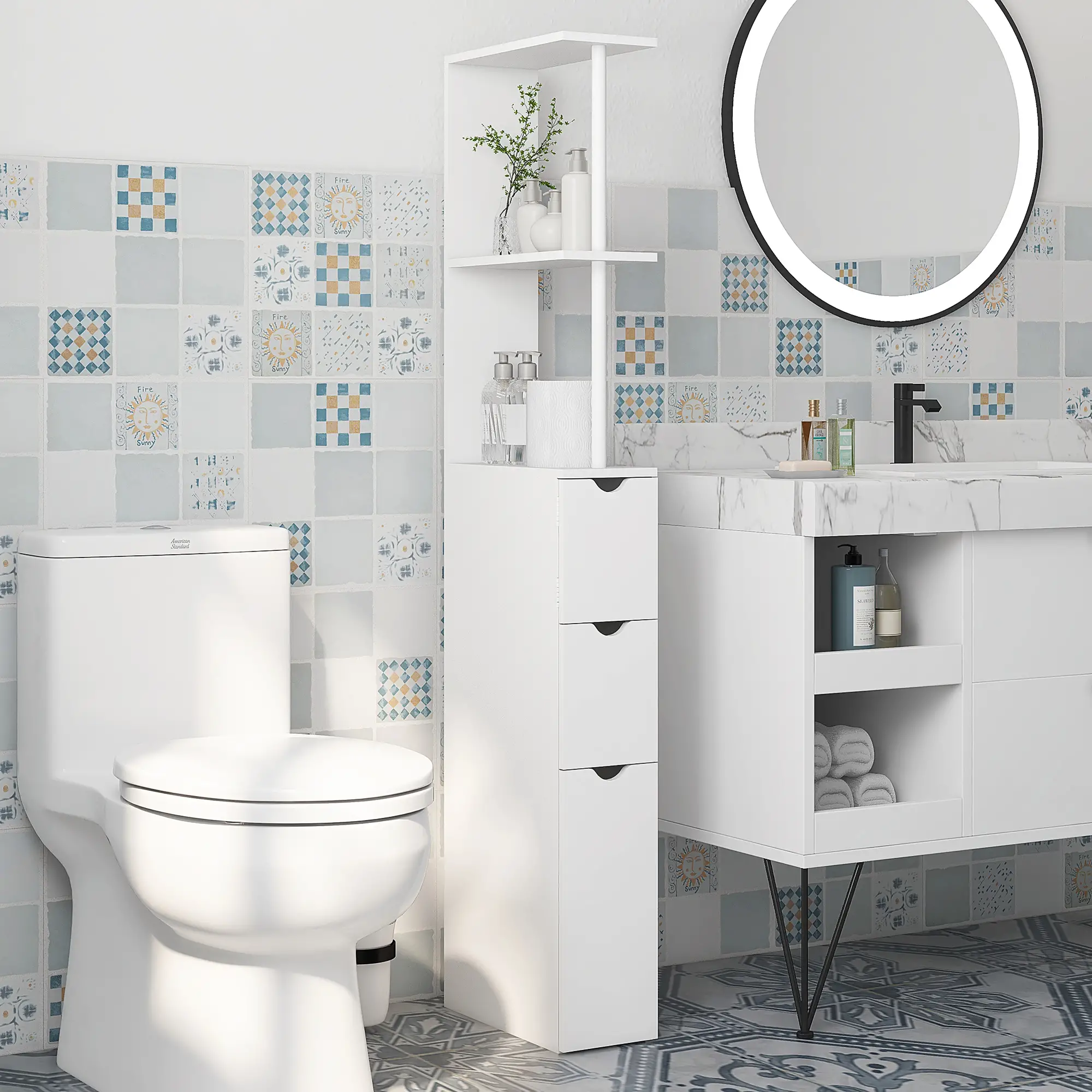 Tall Narrow Bathroom Storage Cabinet, Drawers and Open Shelves, White - Image 2