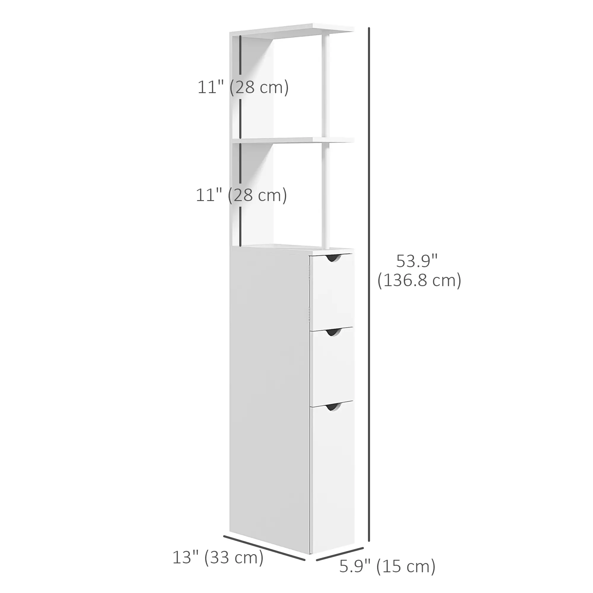 Tall Narrow Bathroom Storage Cabinet, Drawers and Open Shelves, White - Image 3