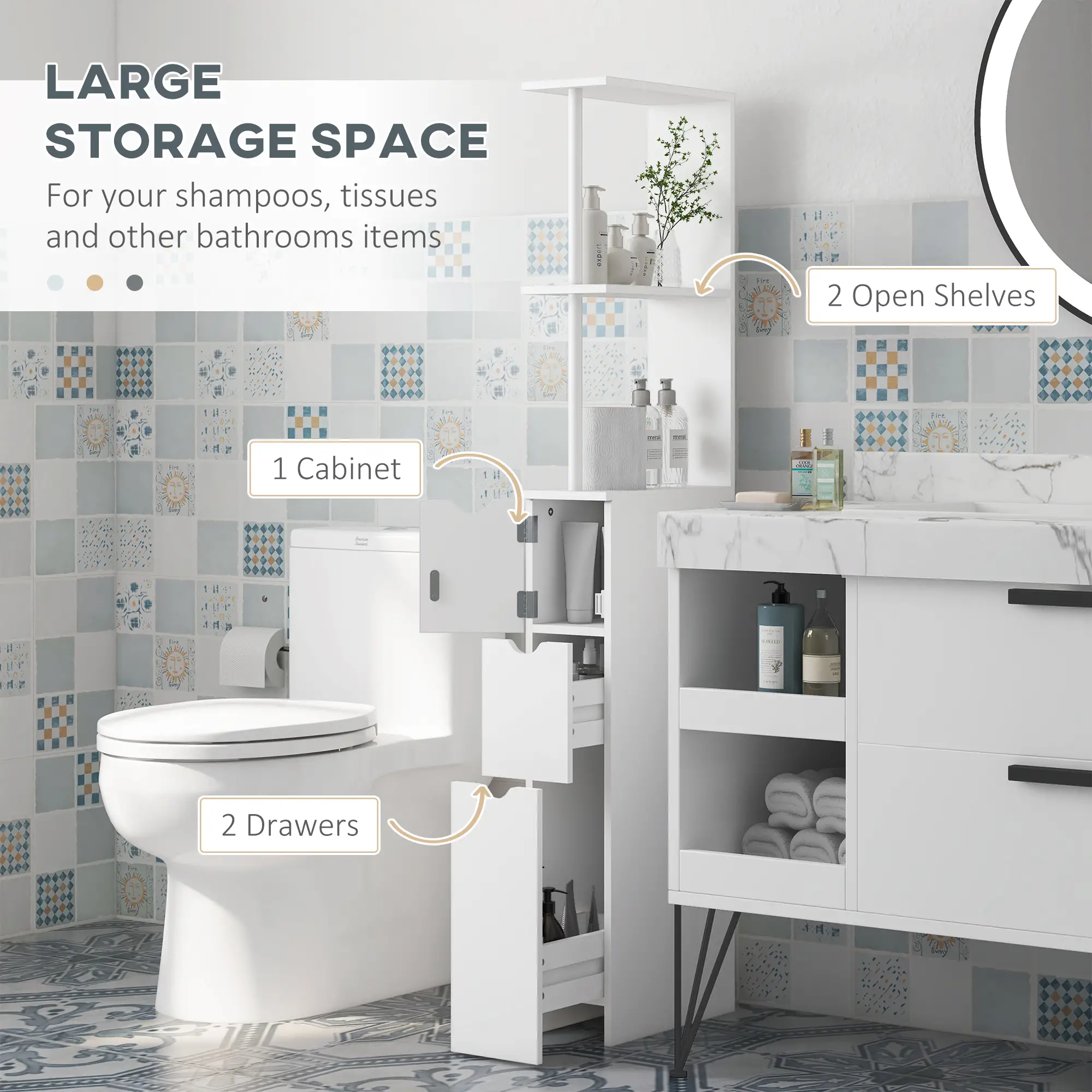 Tall Narrow Bathroom Storage Cabinet, Drawers and Open Shelves, White - Image 4