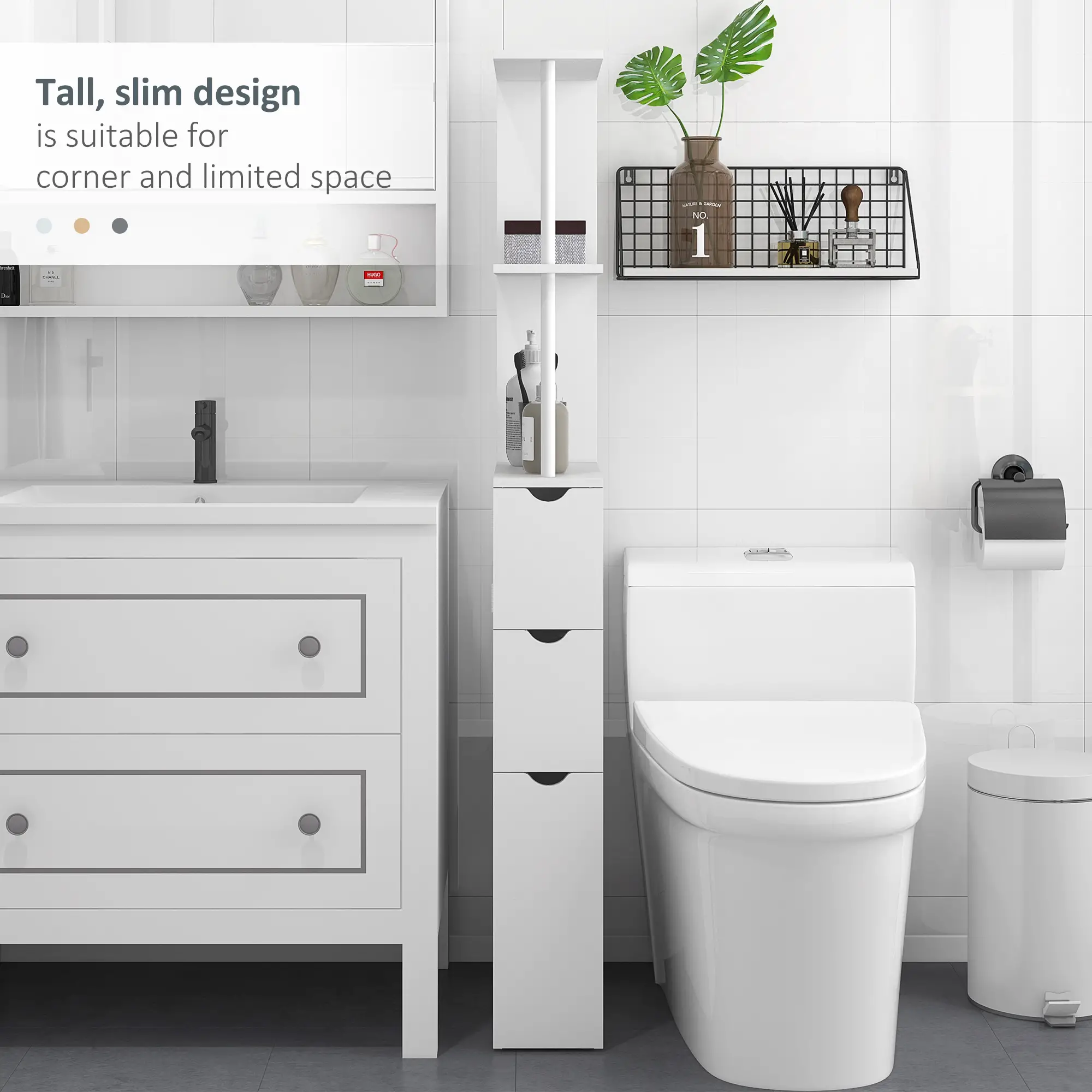 Tall Narrow Bathroom Storage Cabinet, Drawers and Open Shelves, White - Image 5