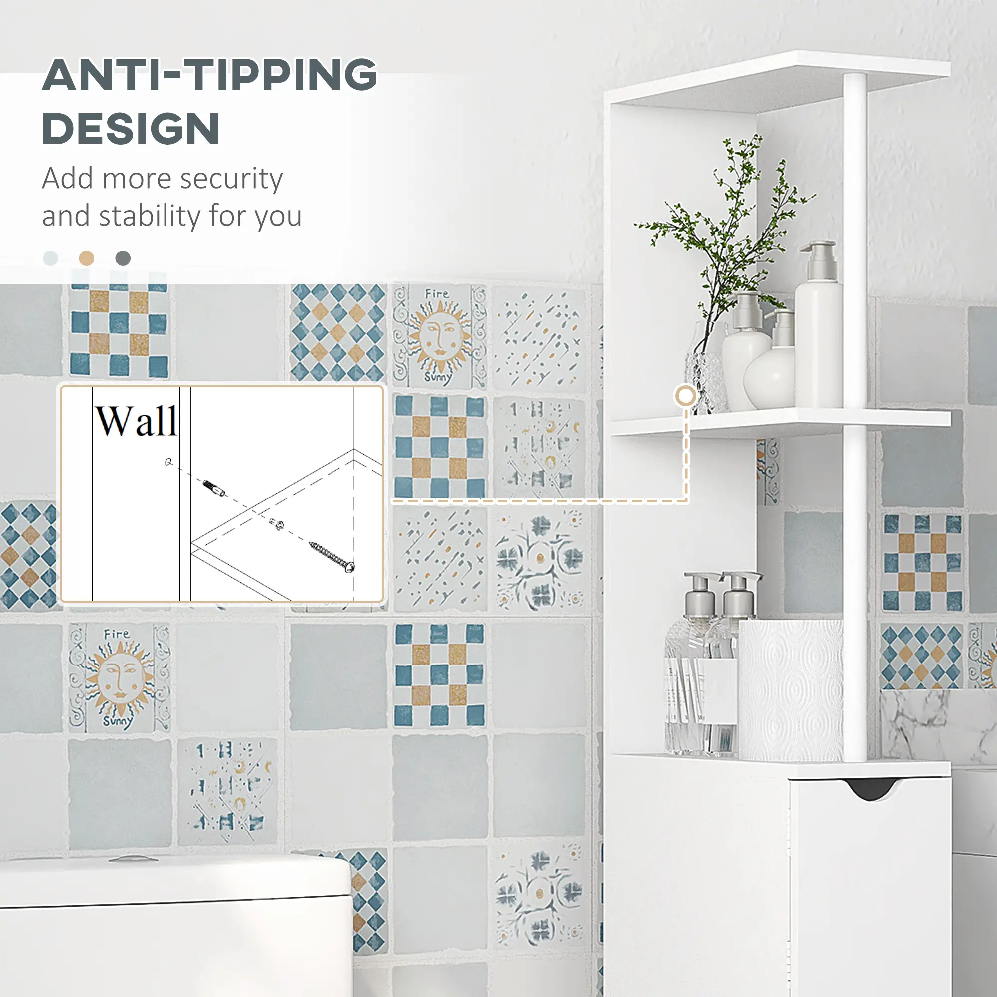 Tall Narrow Bathroom Storage Cabinet, Drawers and Open Shelves, White - Image 6