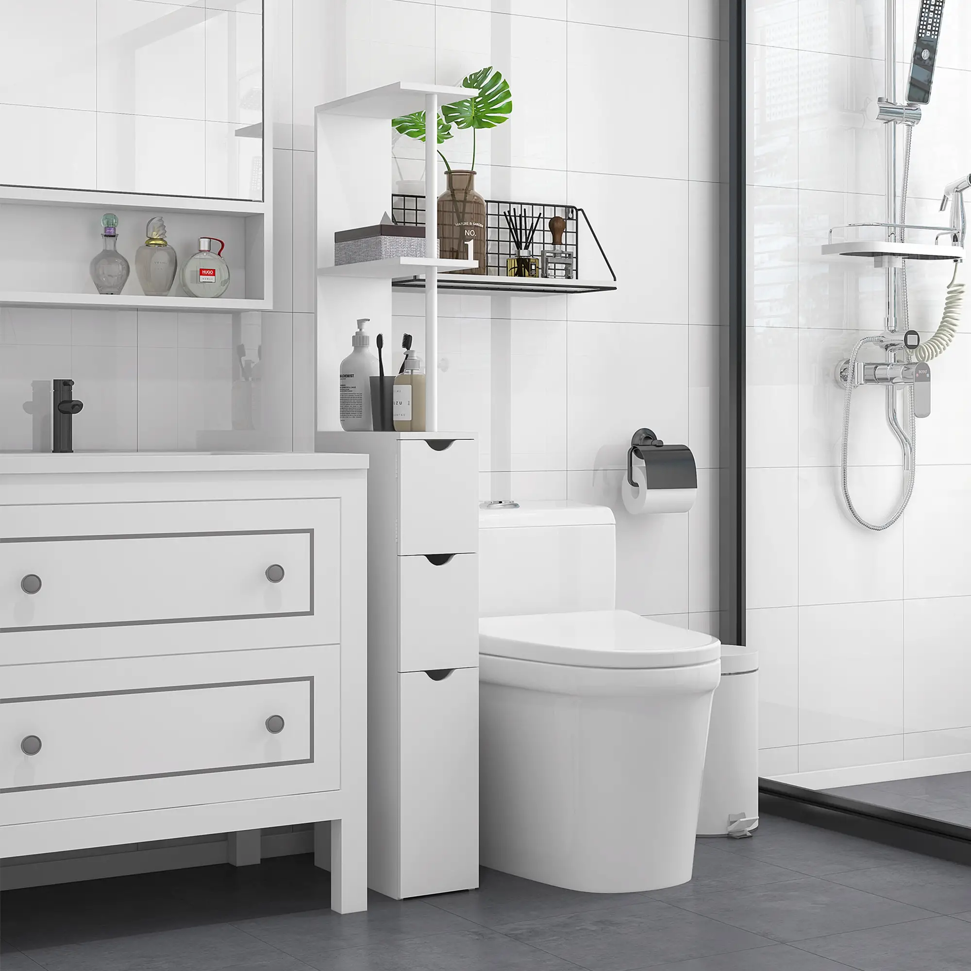 Tall Narrow Bathroom Storage Cabinet, Drawers and Open Shelves, White - Image 7