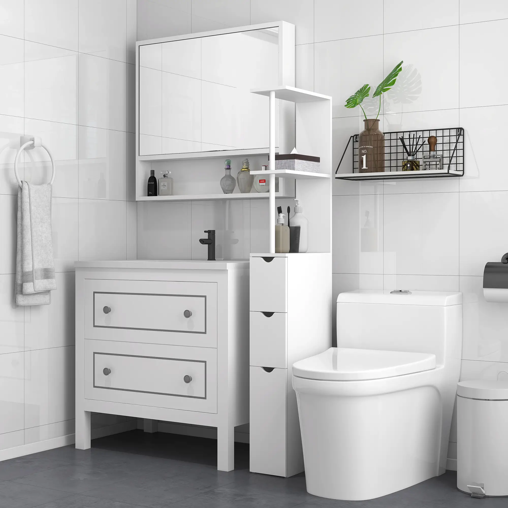 Tall Narrow Bathroom Storage Cabinet, Drawers and Open Shelves, White - Image 8