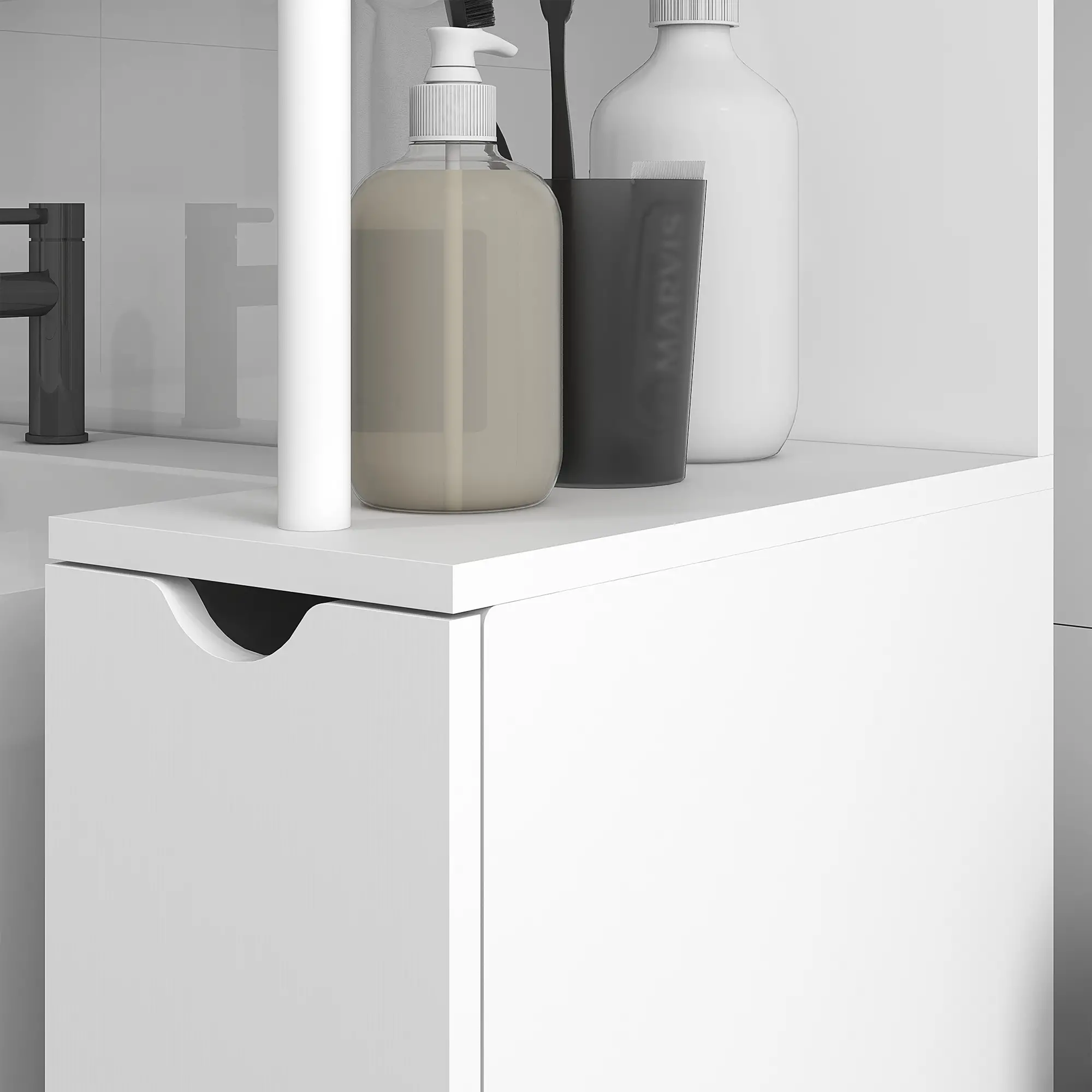 Tall Narrow Bathroom Storage Cabinet, Drawers and Open Shelves, White - Image 9