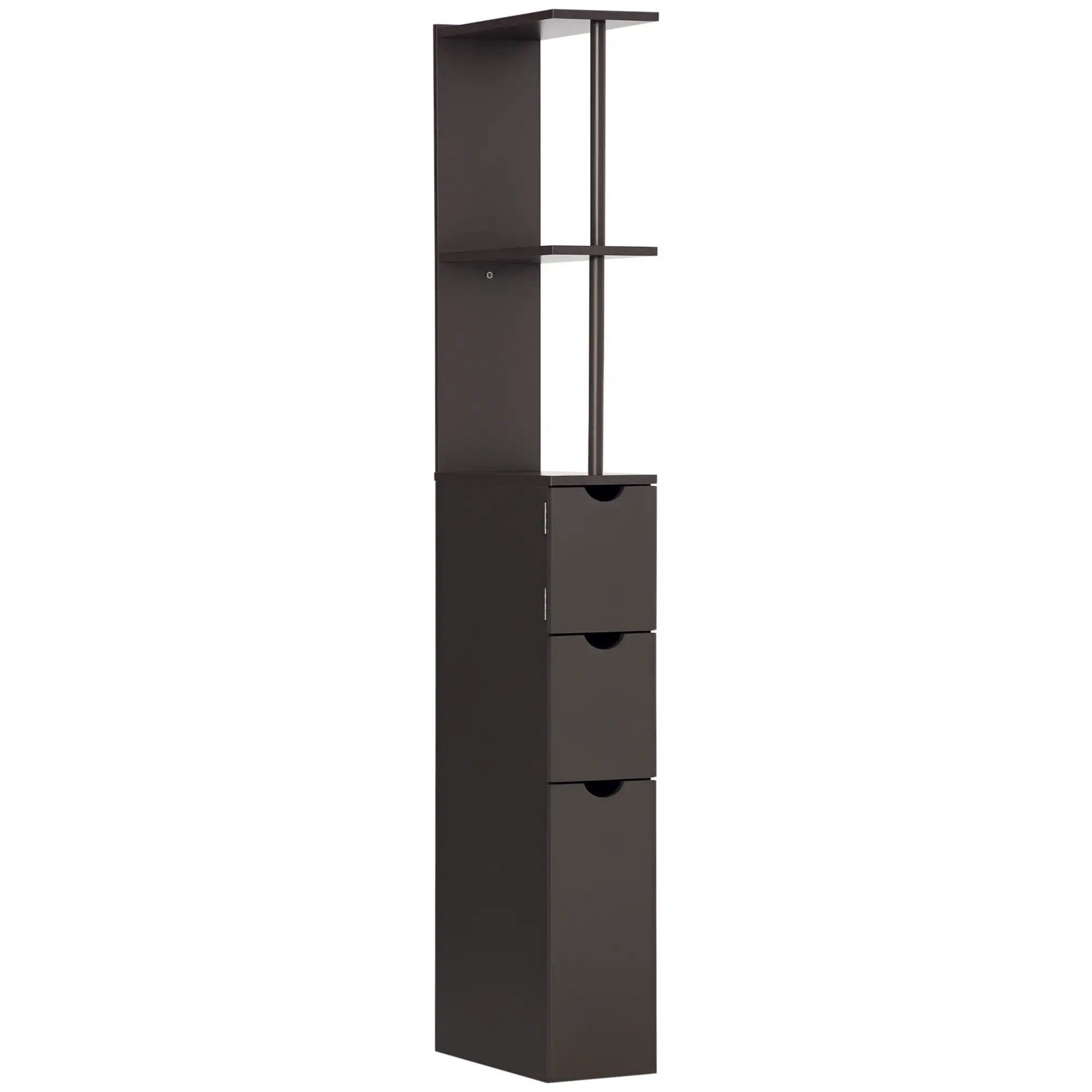 Tall Narrow Bathroom Storage Cabinet with Drawers, Open Shelves, Brown