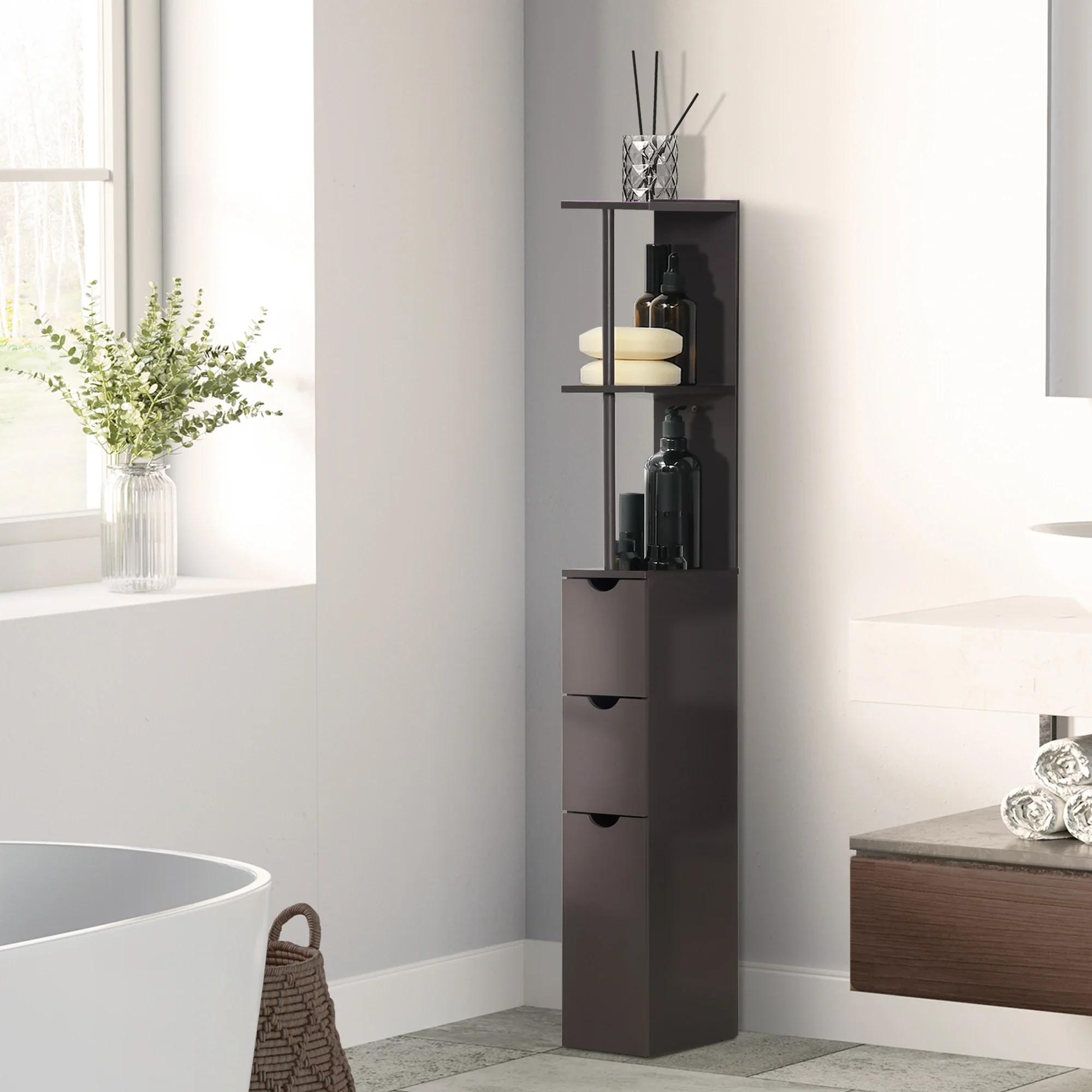 Tall Narrow Bathroom Storage Cabinet with Drawers, Open Shelves, Brown - Image 2