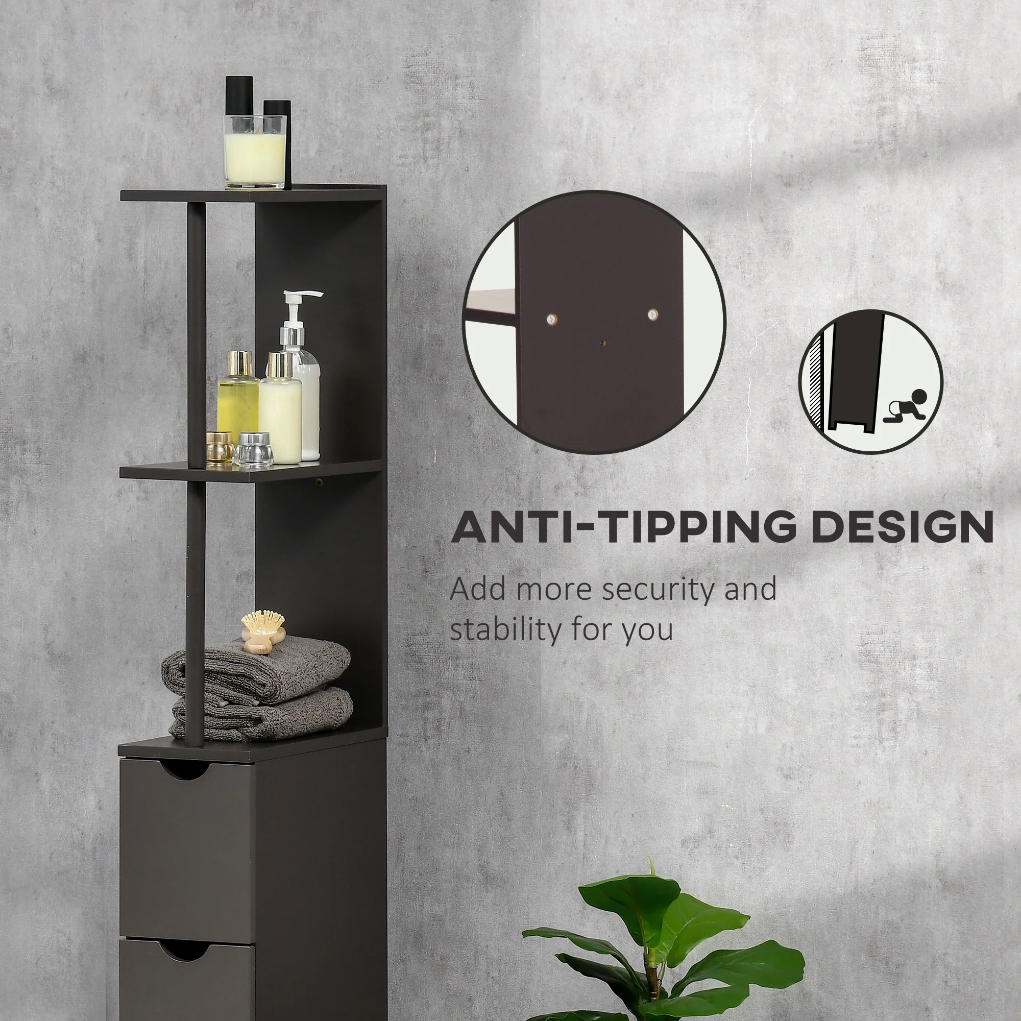 Tall Narrow Bathroom Storage Cabinet with Drawers, Open Shelves, Brown - Image 6