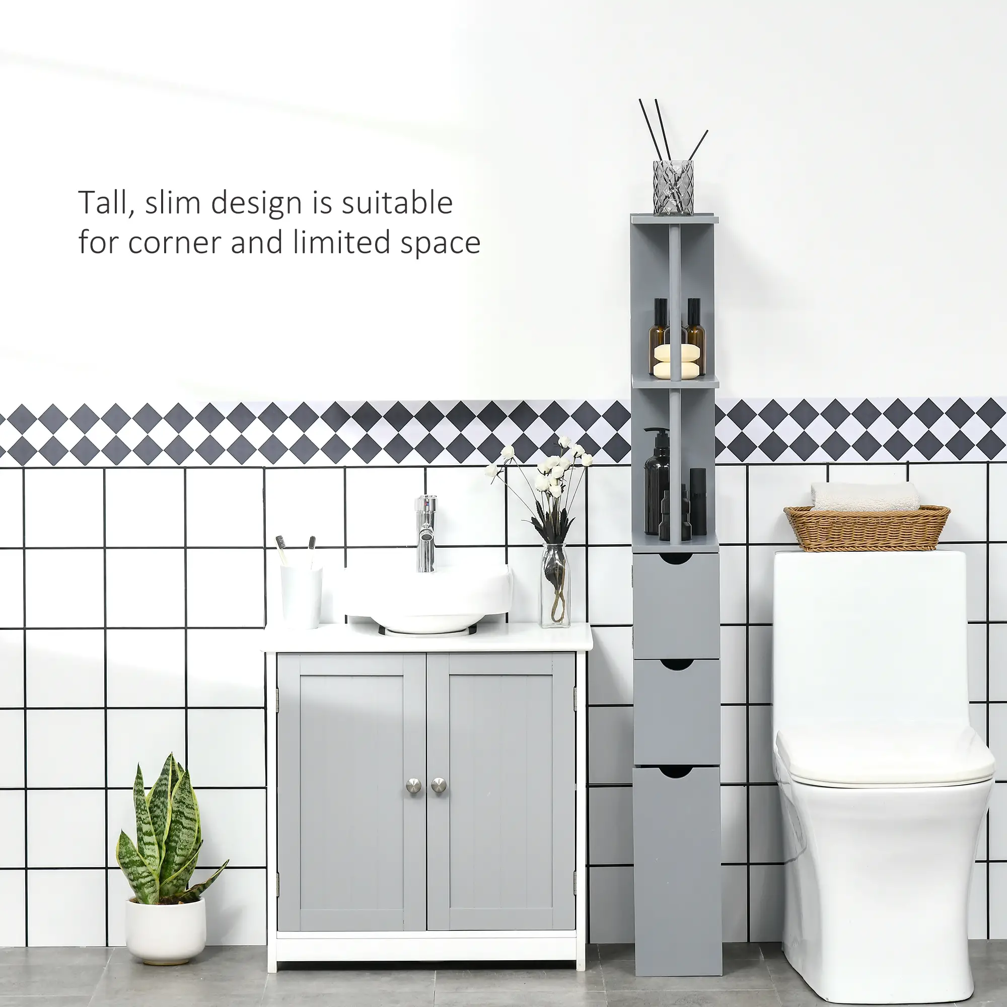 Tall Narrow Bathroom Storage Cabinet with Drawers, Open Shelves, Grey - Image 5