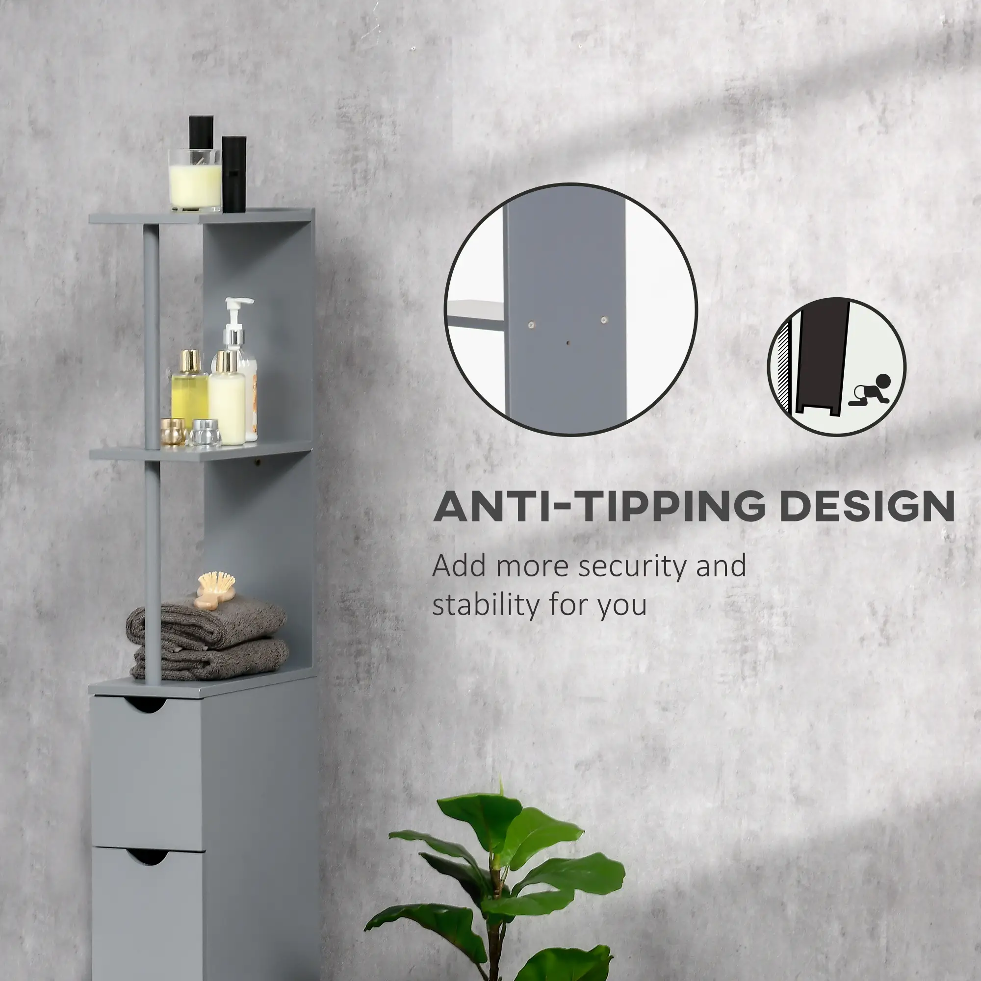 Tall Narrow Bathroom Storage Cabinet with Drawers, Open Shelves, Grey - Image 6