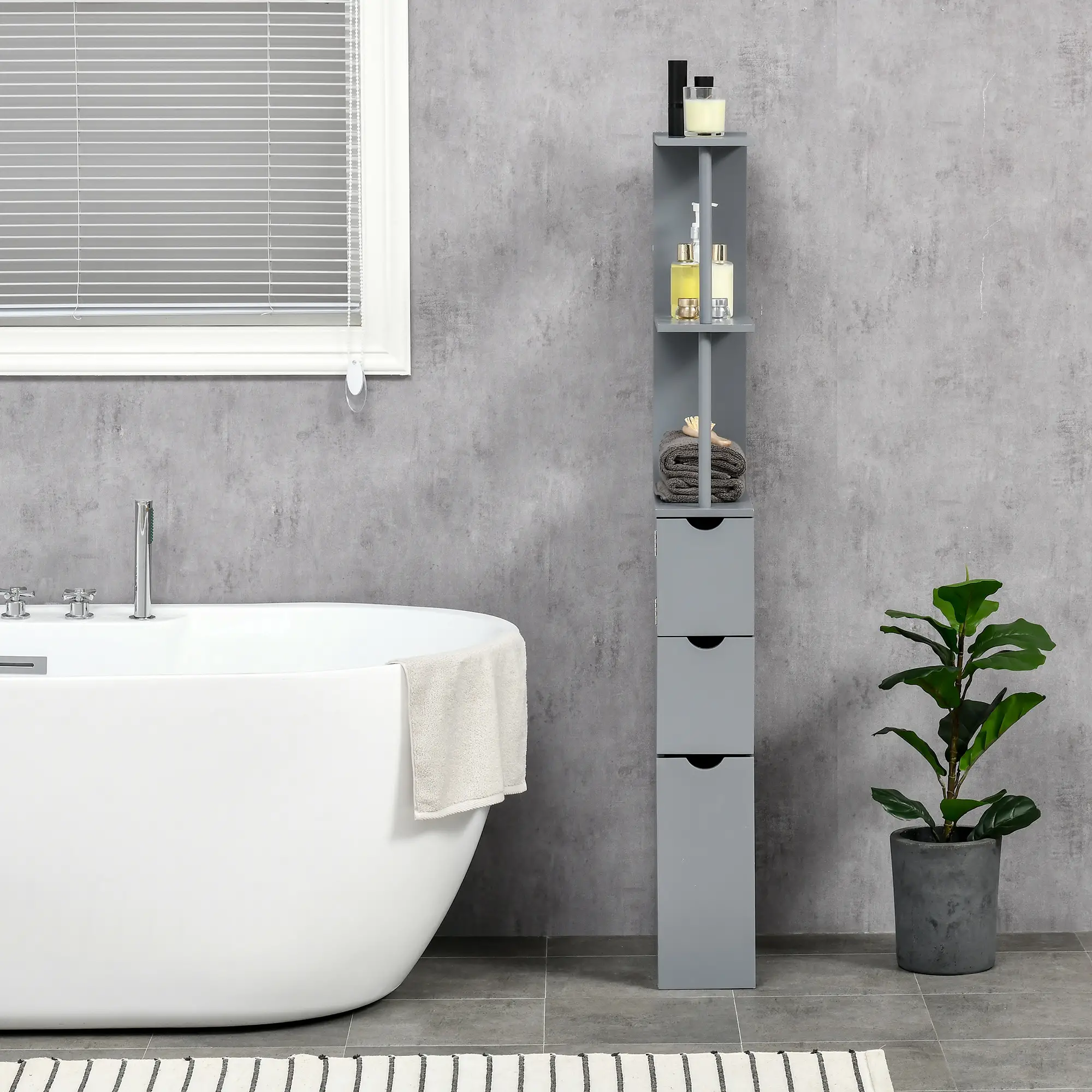 Tall Narrow Bathroom Storage Cabinet with Drawers, Open Shelves, Grey - Image 8